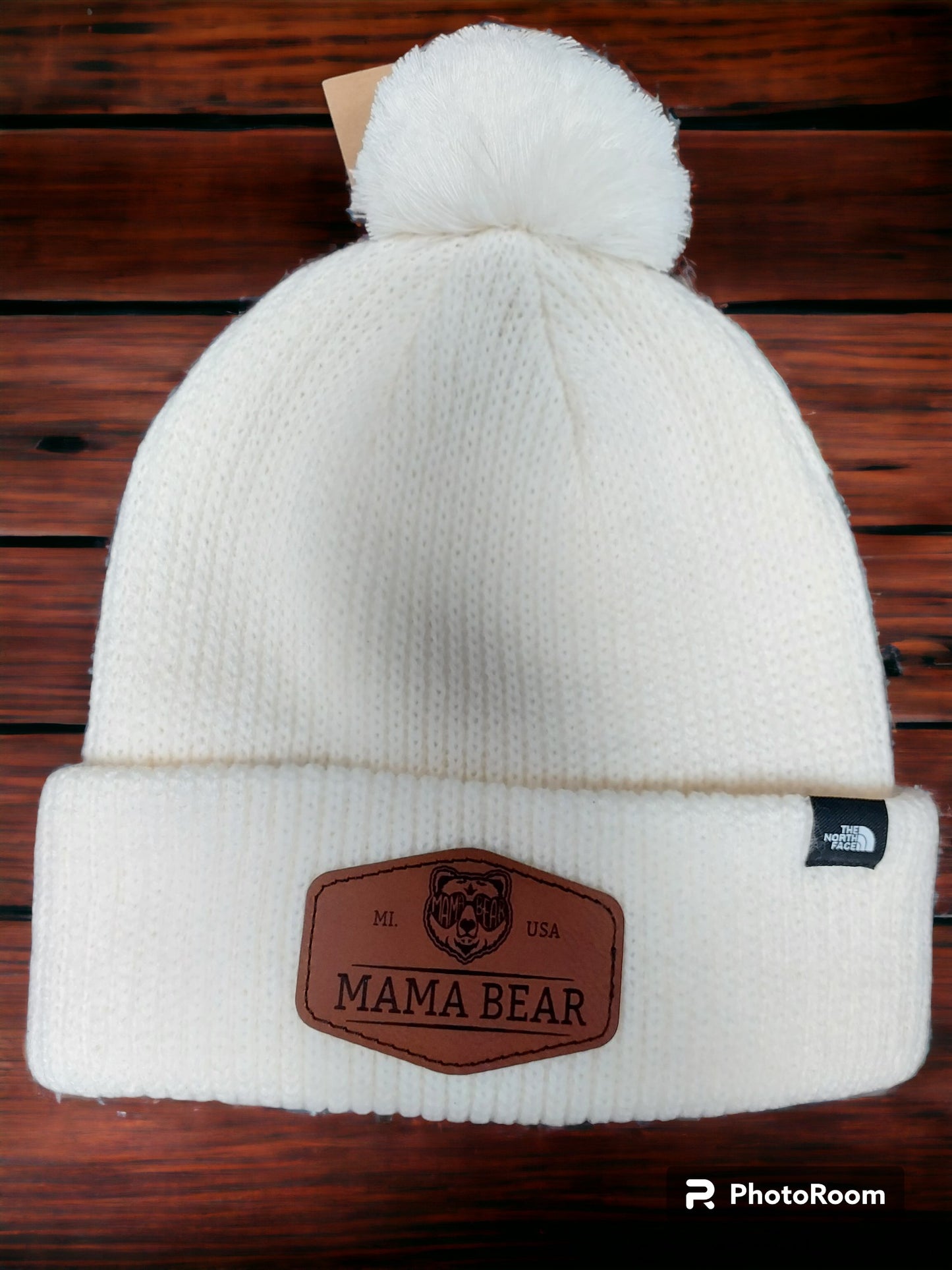 Mama Bear Leather Patch Pom Beanie