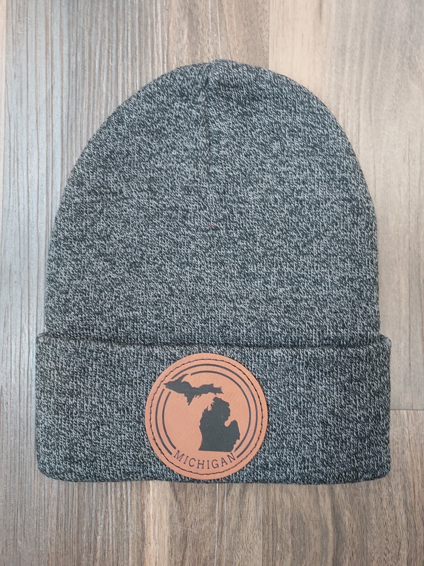 Michigan Circle Black Leather Patch Knit Cuff Beanie
