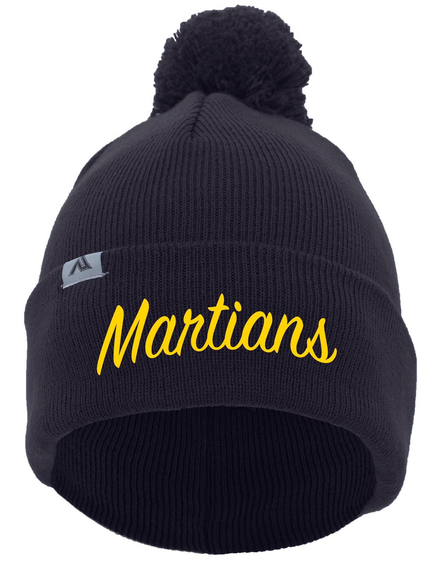 Martians Script Knit Fold Over Pom-Pom Beanie