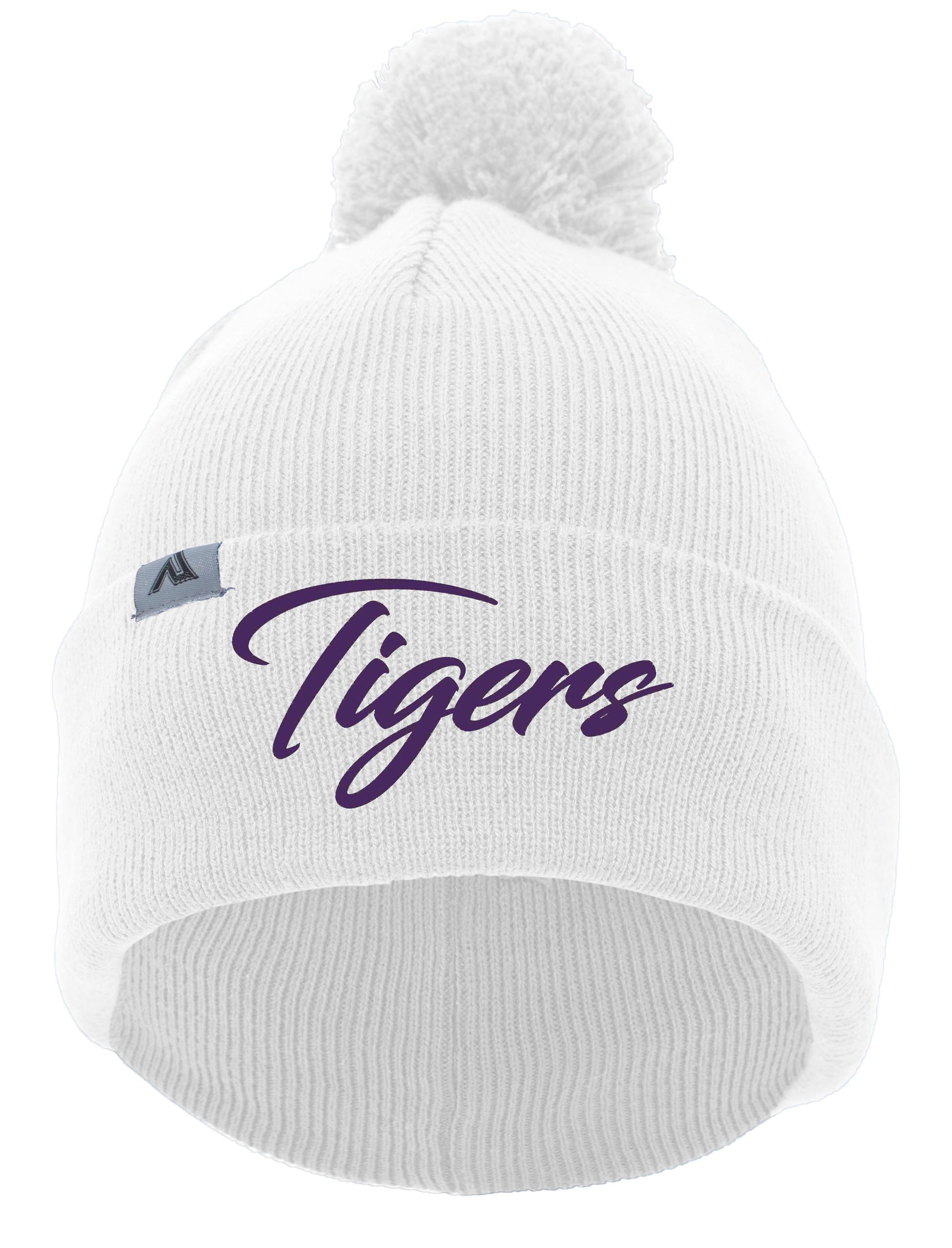 Caro Tigers Script Knit Fold Over Pom-Pom Beanie - Schall