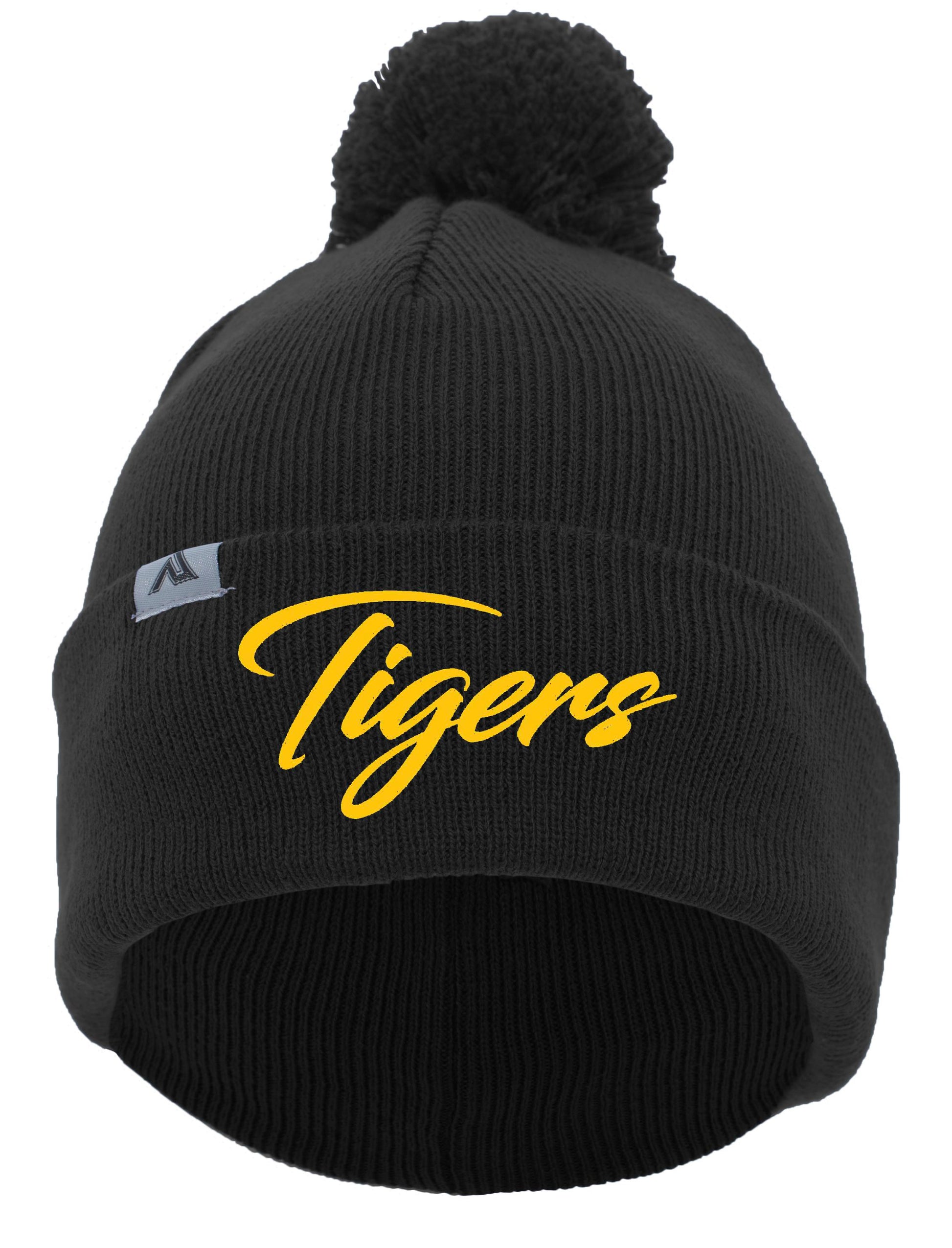 Caro Tigers Script Knit Fold Over Pom-Pom Beanie - Schall