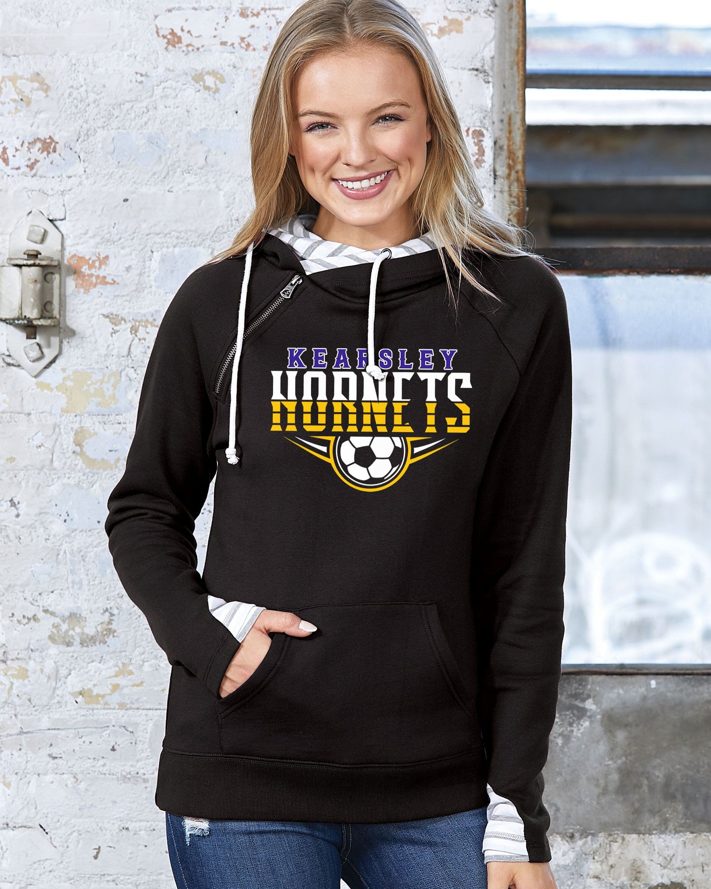 Kearsley Soccer Ladies Stripe Double Hood Pullover