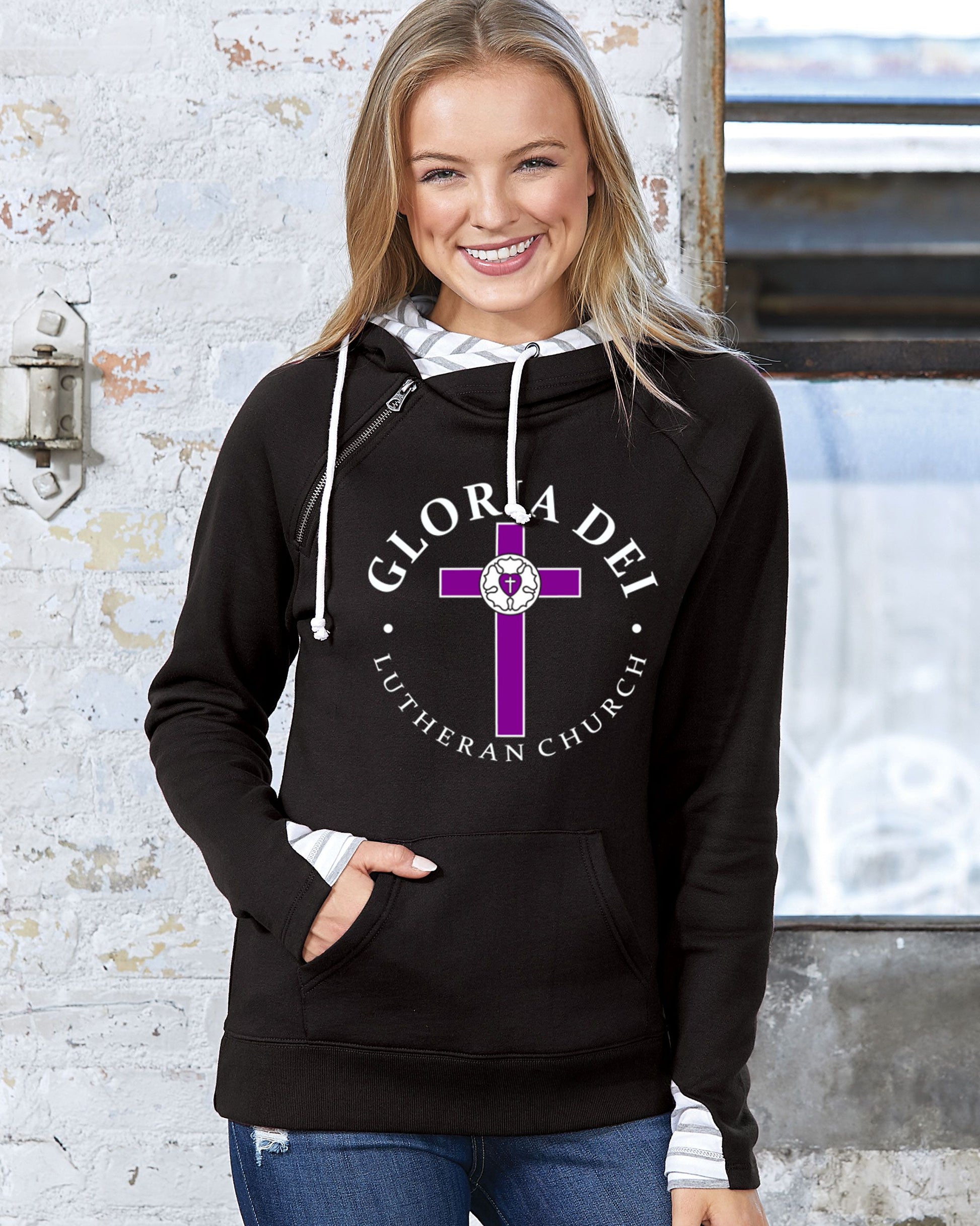 Gloria Dei Lutheran Church Ladies Stripe Double Hood Pullover