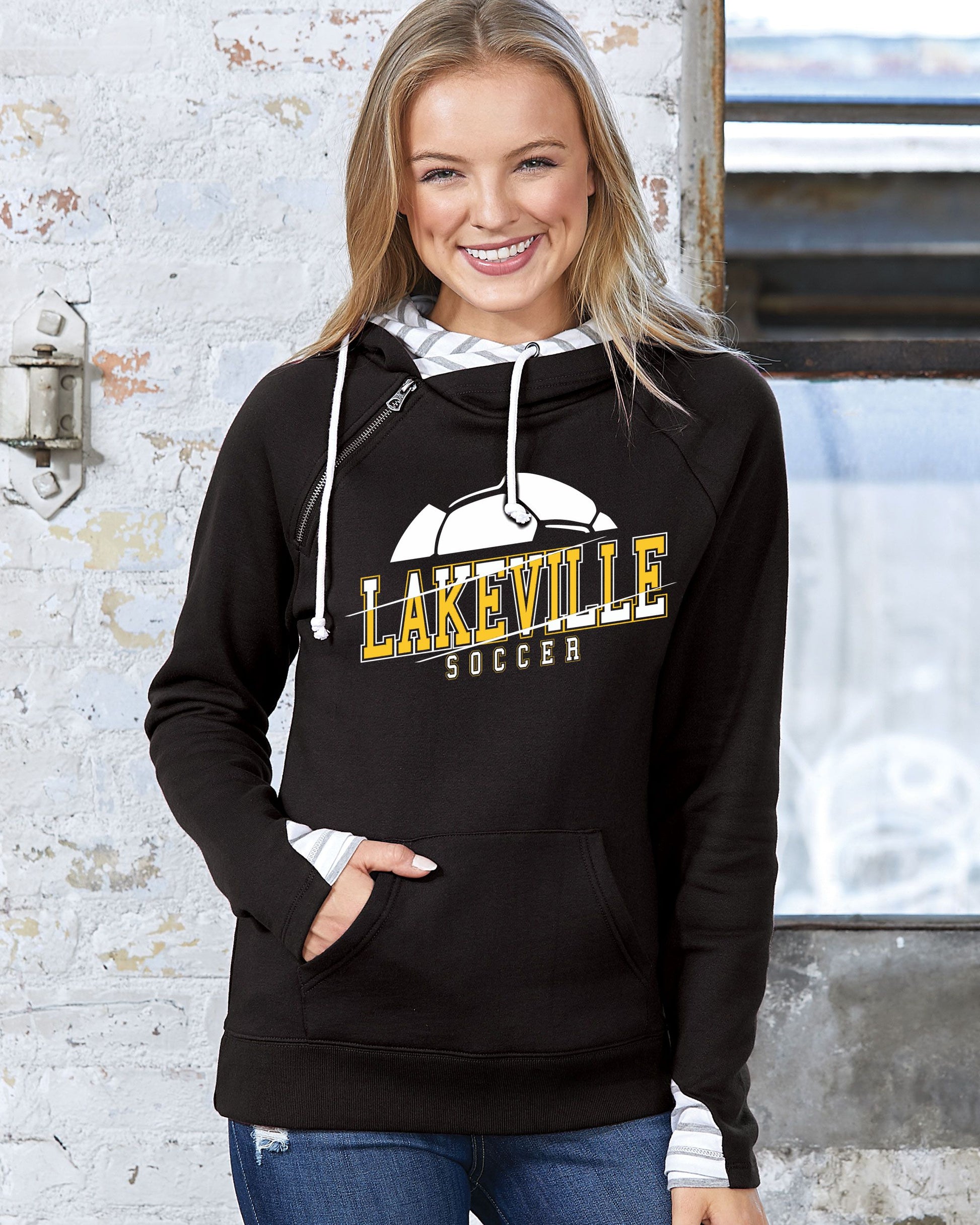 Lakeville Soccer Ladies Stripe Double Hood Pullover