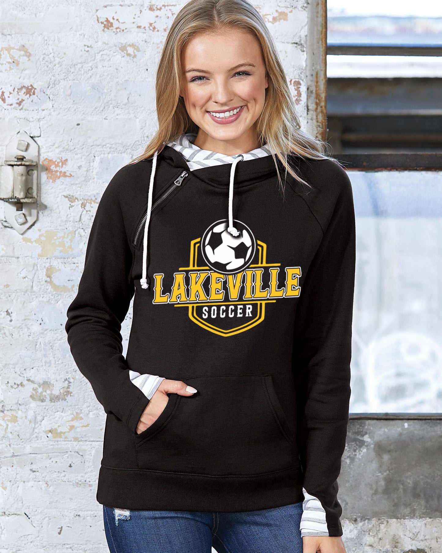 Lakeville Soccer Ladies Stripe Double Hood Pullover