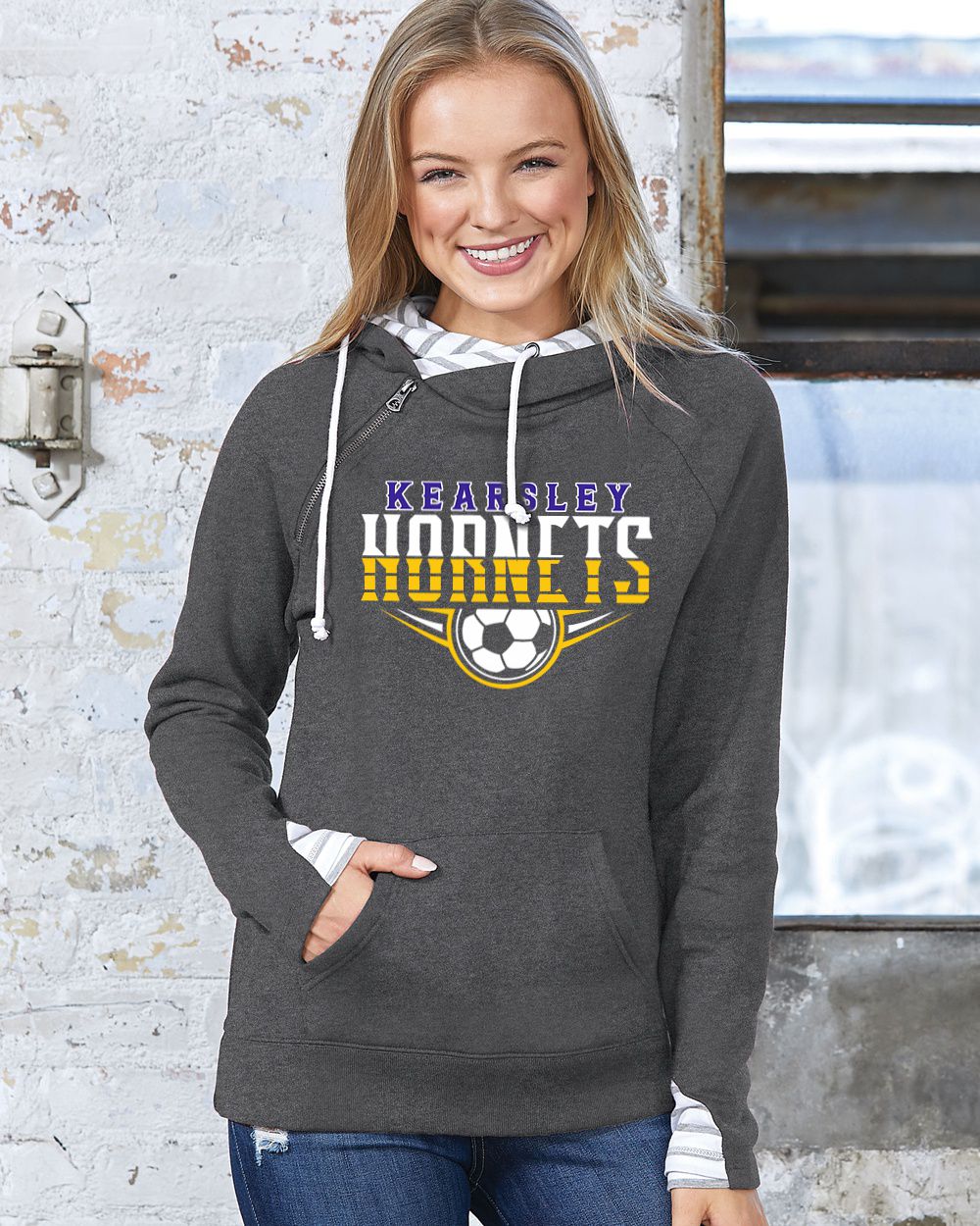Kearsley Soccer Ladies Stripe Double Hood Pullover