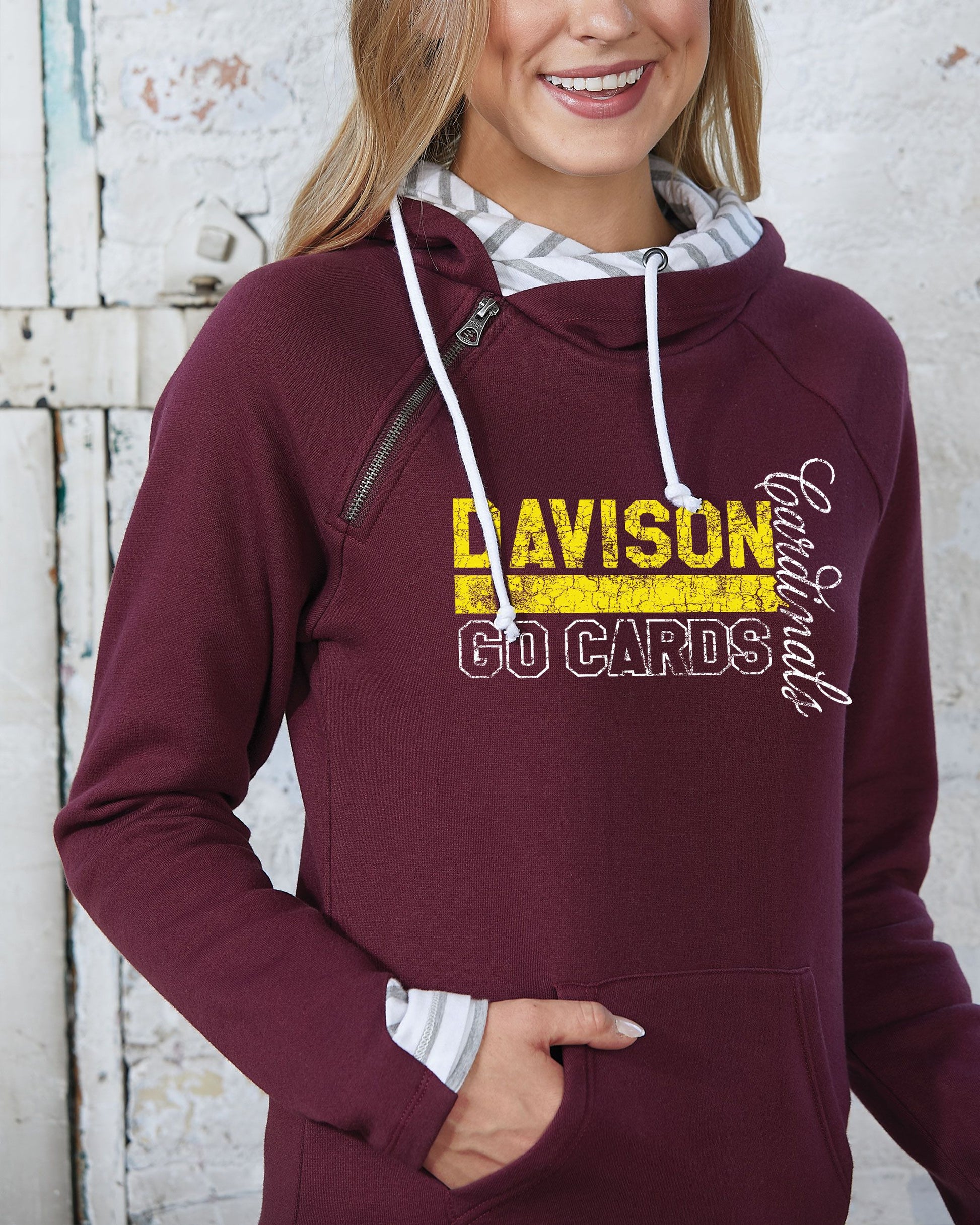 Davison Cardinals Ladies Stripe Double Hood Pullover