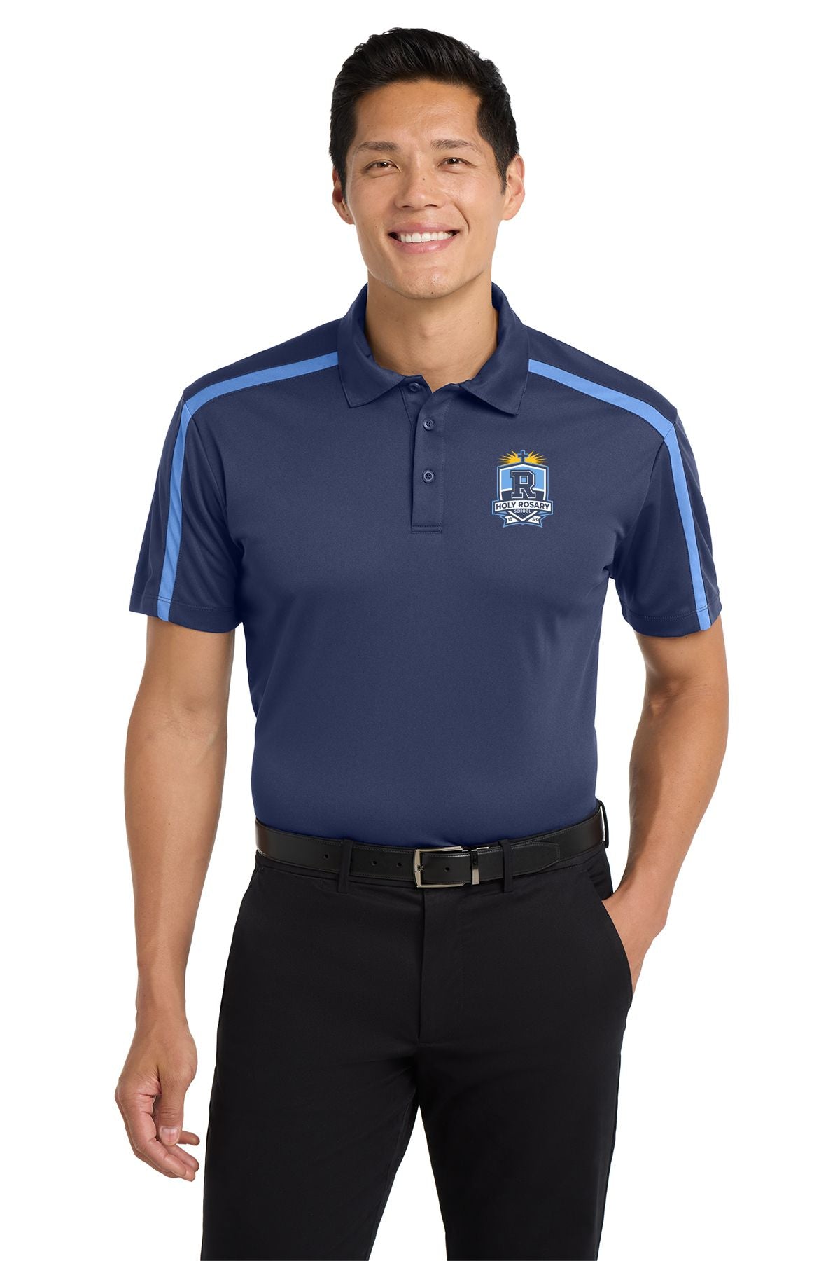 Holy Rosary Silk Touch™ Embroidered Performance Colorblock Stripe Polo