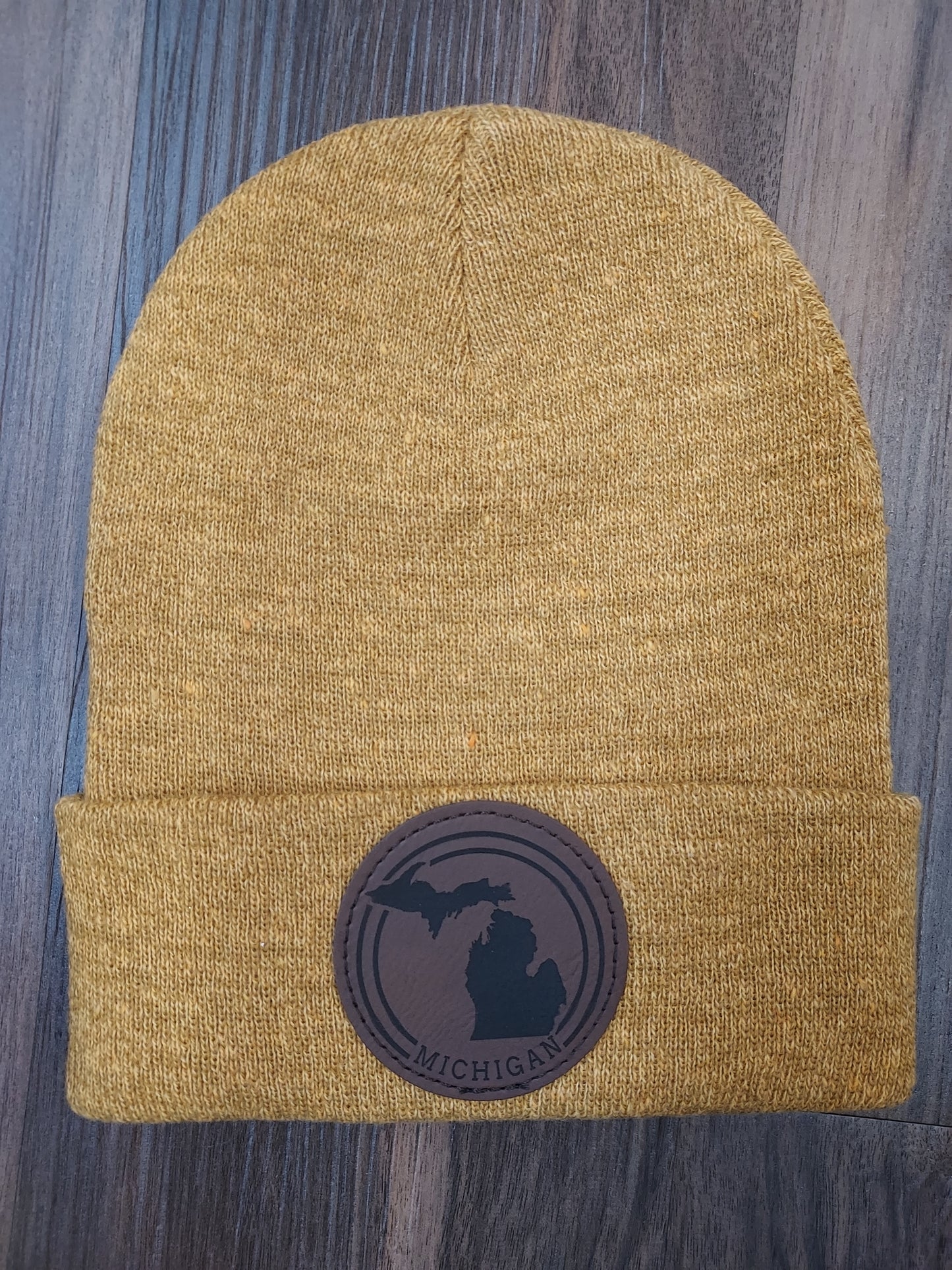 Michigan Circle Gold Leather Patch Knit Cuff Beanie
