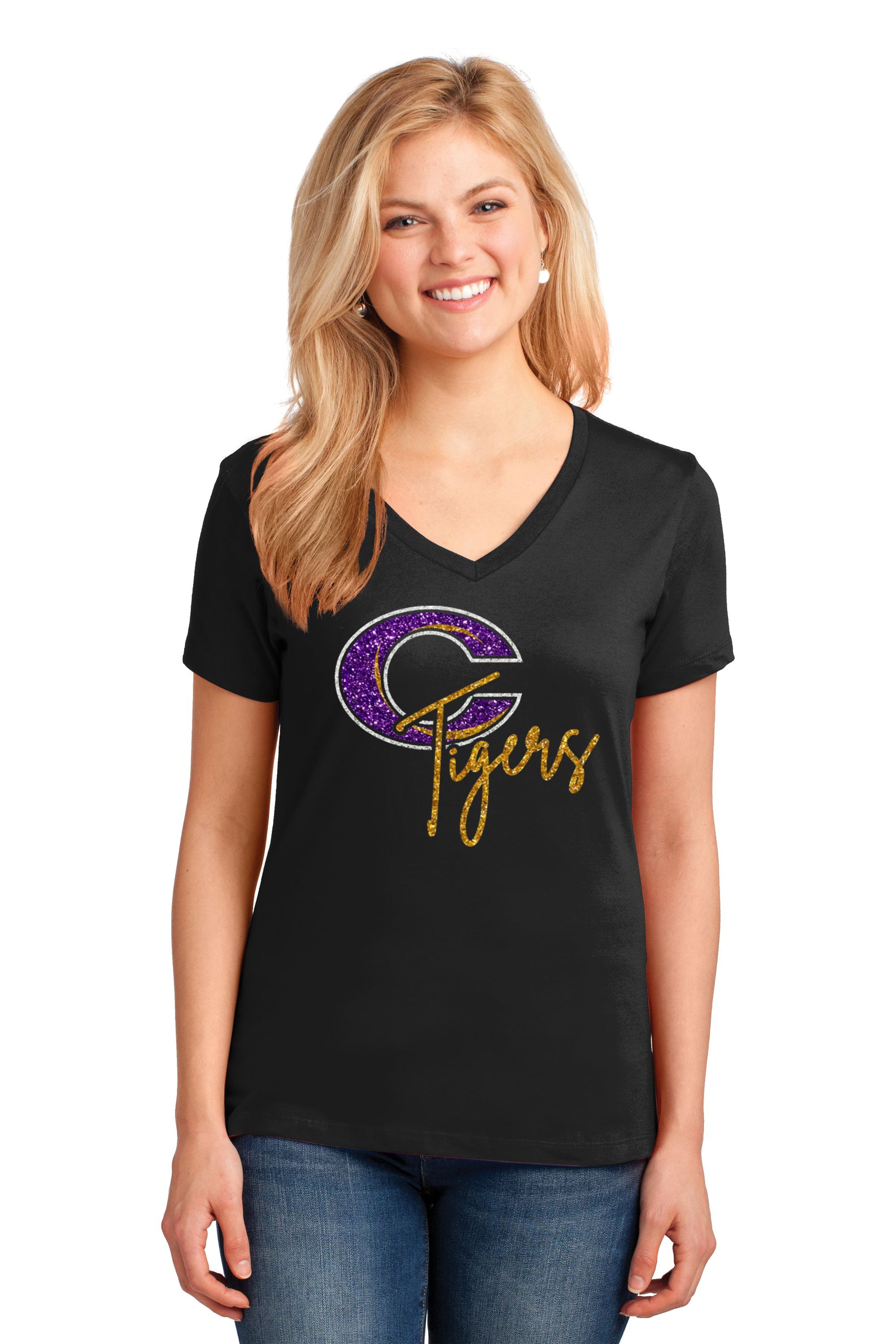 Caro Glitter Ladies V-Neck T-shirt - Schall