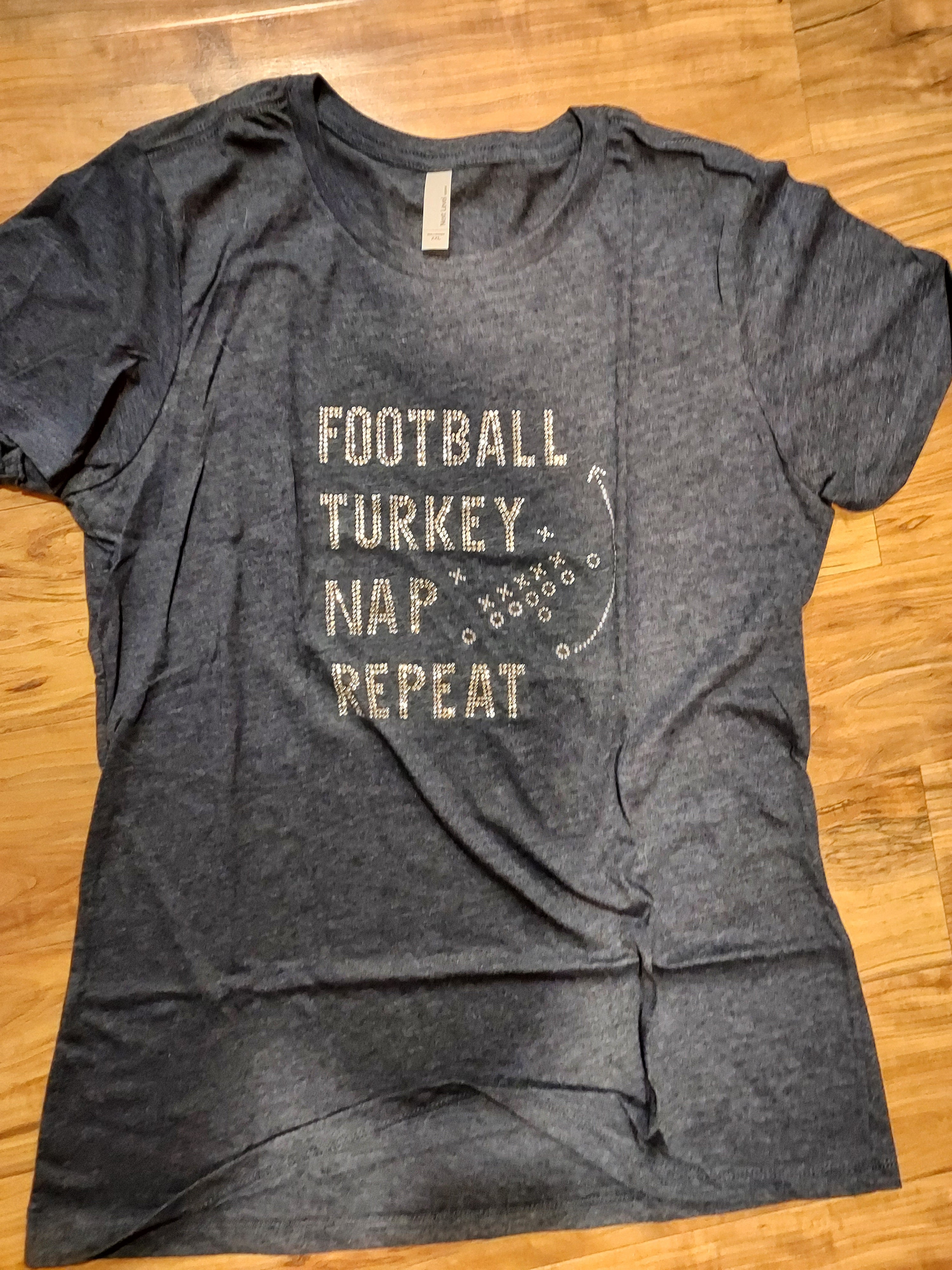 Football Turkey Nap Repeat Rhinestone Ladies Tee