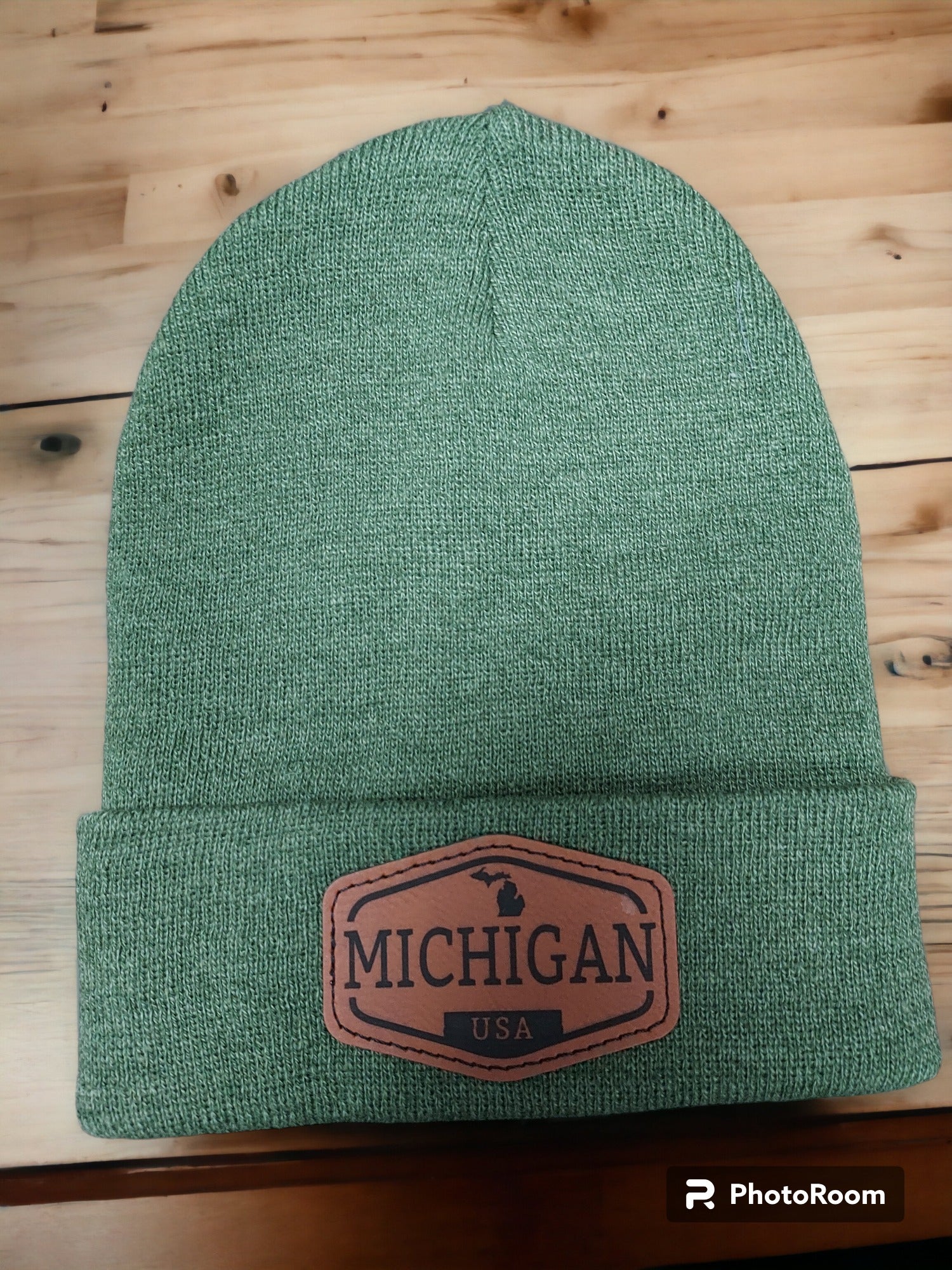 Michigan Leather Patch Olive Knit Cuff Beanie