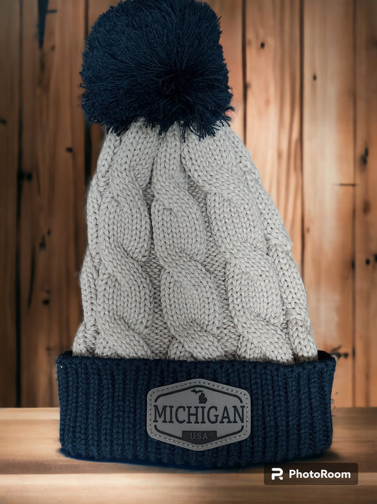 Michigan Leather Patch Chunk Twist Knit Beanie With Cuff