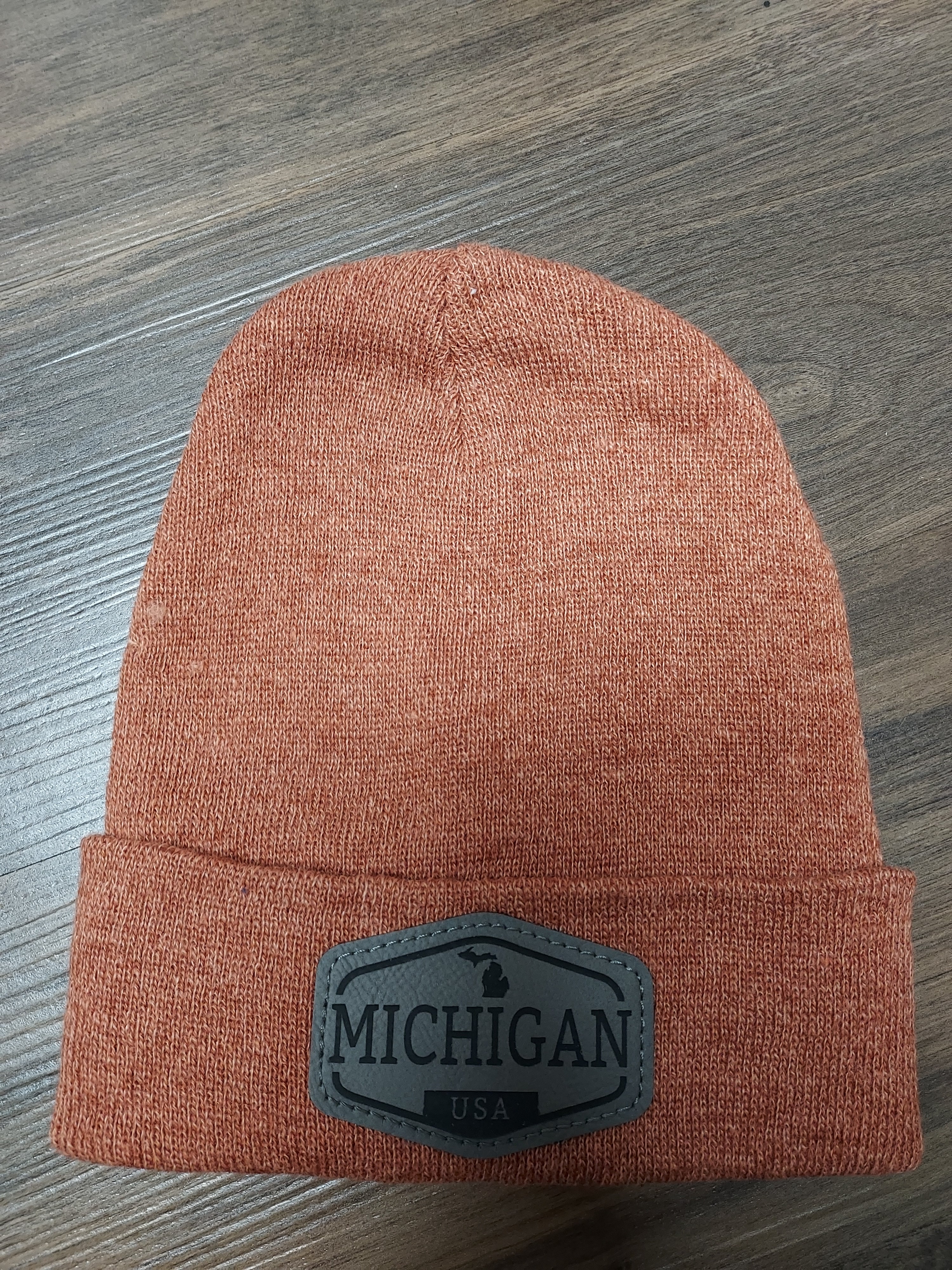 Michigan Leather Patch Burnt Orange Knit Cuff Beanie
