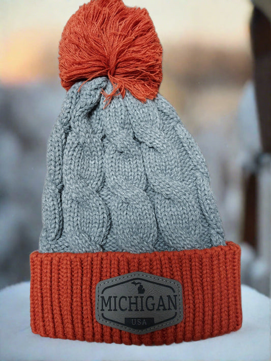 Michigan Leather Patch Burnt Orange Chunk Twist Knit Beanie With Cuff