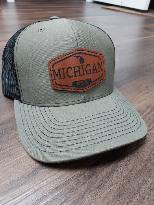 Michigan Leather Patch Olive/Black Snap Back Hat