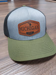 Michigan Leather Patch Snap Olive Back Hat