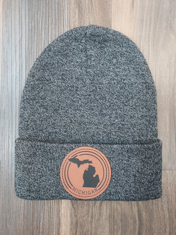 Michigan Circle Black Leather Patch Knit Cuff Beanie