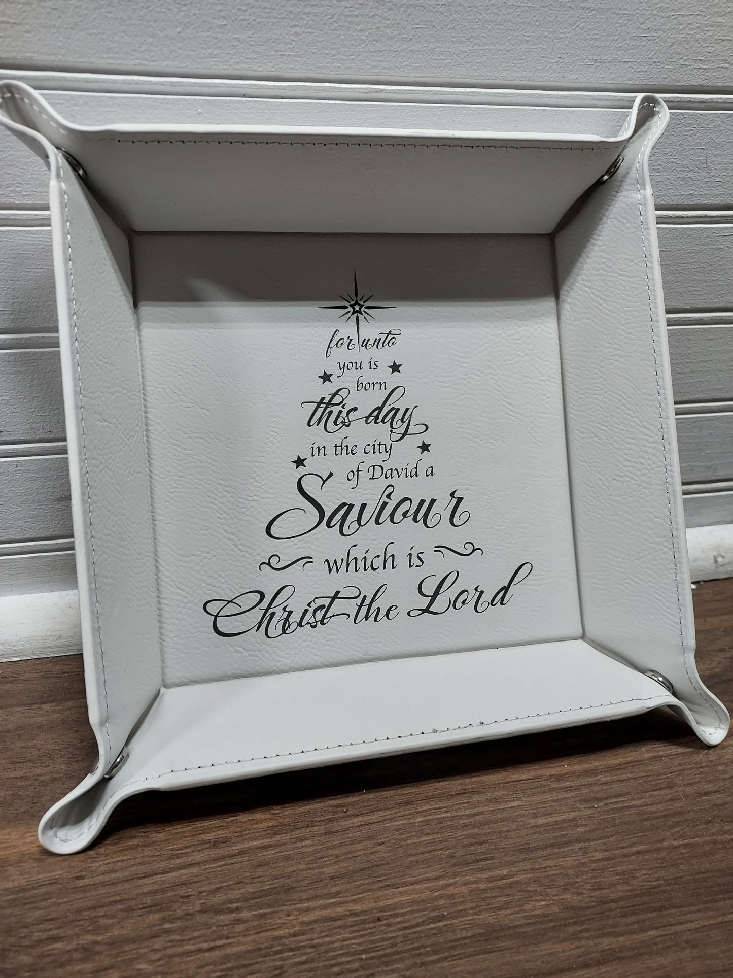 Christ Is Born White Faux Leather Snap Up Tray 6x6