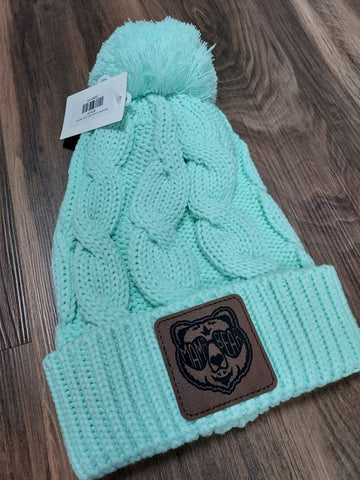 Momma Bear Leather Patch Chunk Twist Knit Beanie With Cuff