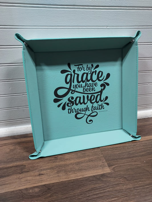 Ephesians 2:8 Blue Faux Leather Snap Up Tray