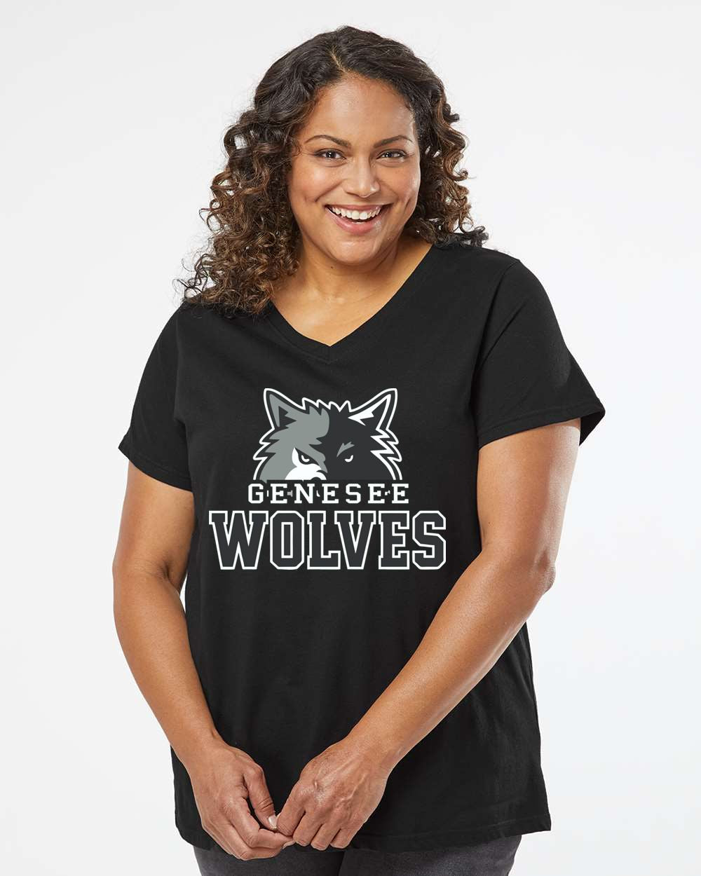 Genesee Wolves Curvy Collection Women's Fine Jersey V-Neck Tee -GWPTO