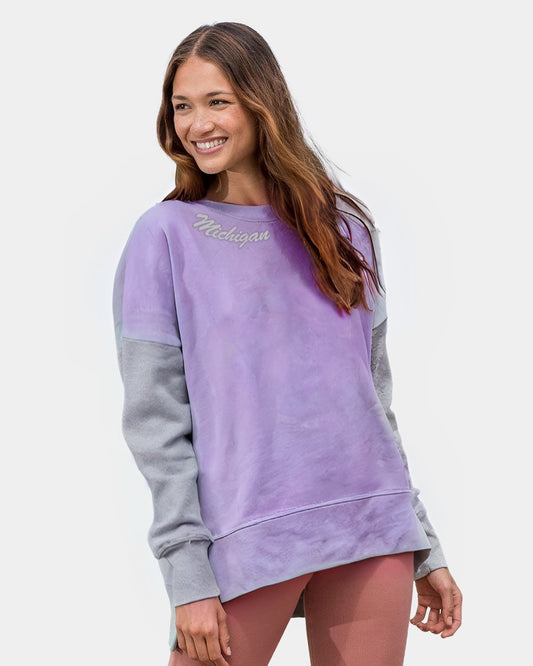 Purple Michigan Script Women's Cloud Fleece Colorblocked Crewneck Sweatshirt