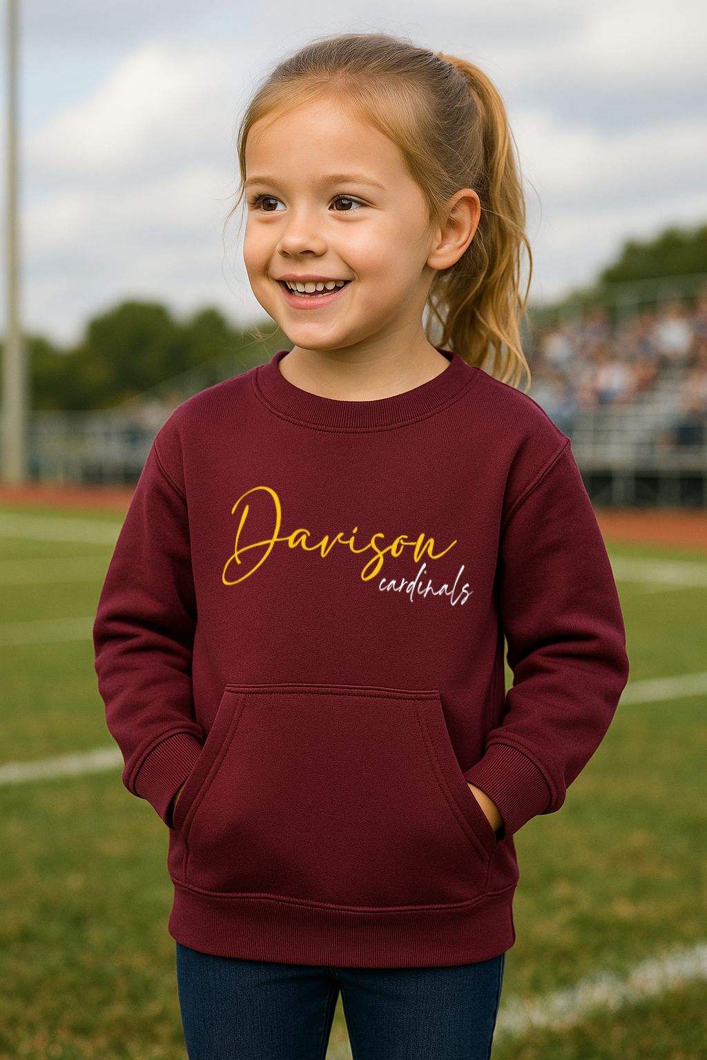 Davison Cardinals Script Softstyle® Youth Crewneck Pocketed Sweatshirt