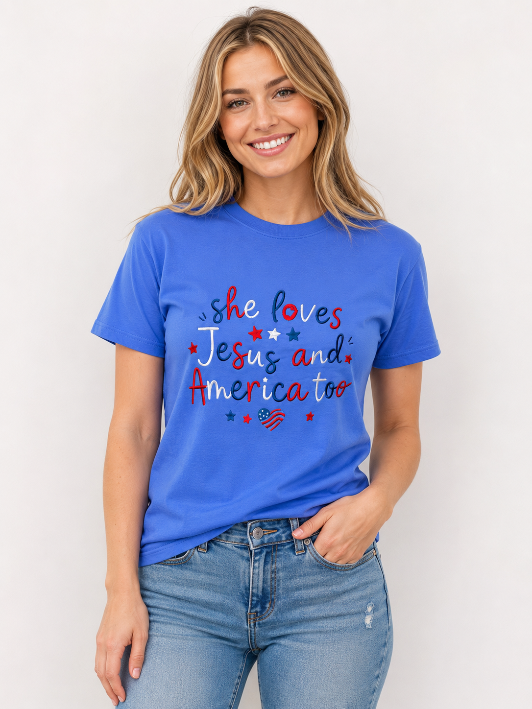 She Loves Jesus & America Too Embroidered Tee