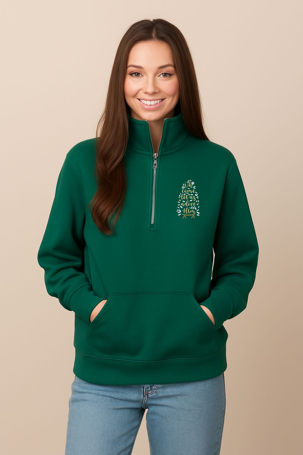 Oh Come Let Us Adore Him Embroidered Ladies Boxy Half Zip Fleece