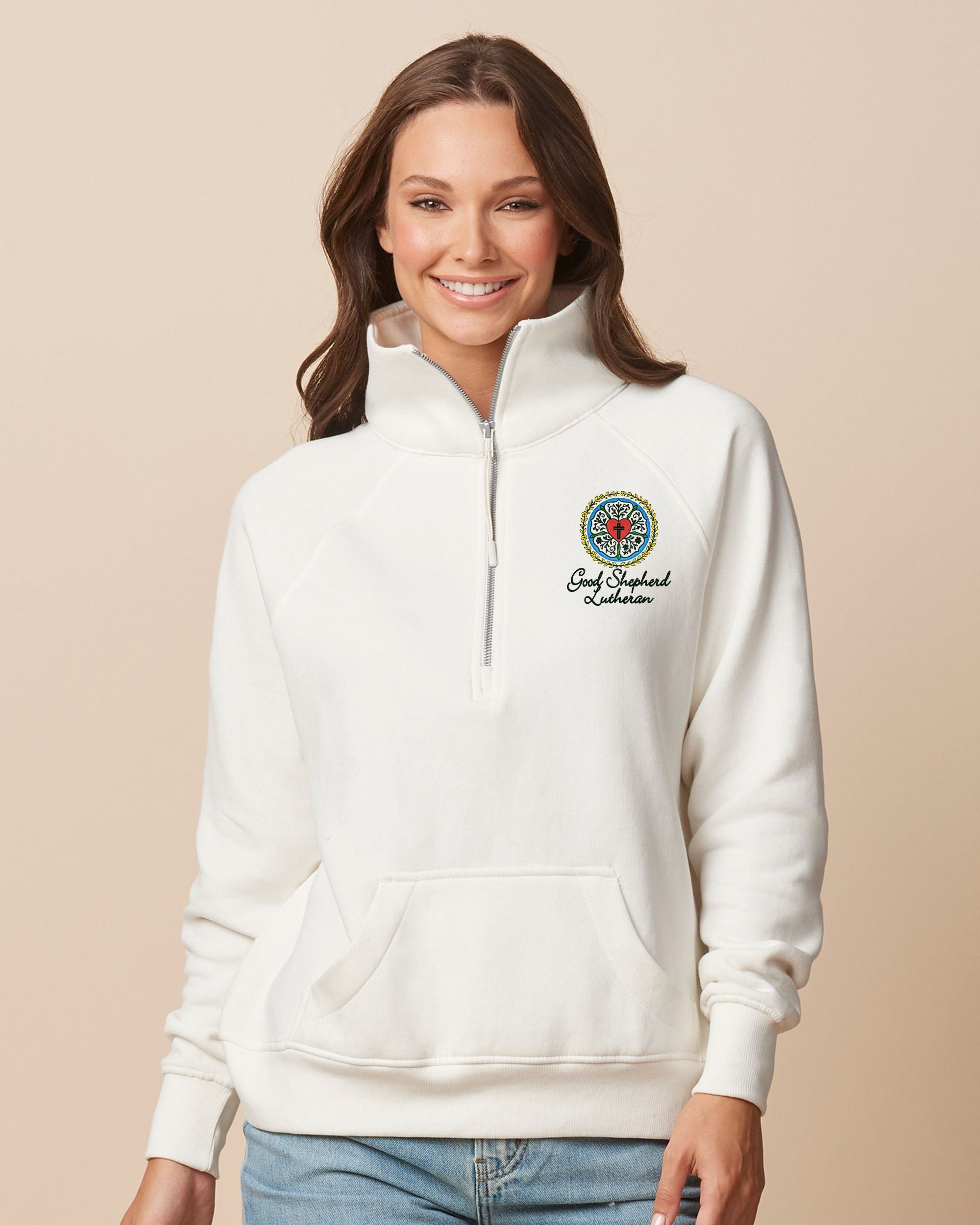 Good Shepherd Lutheran Rose Floral Ladies Boxy Half Zip Fleece