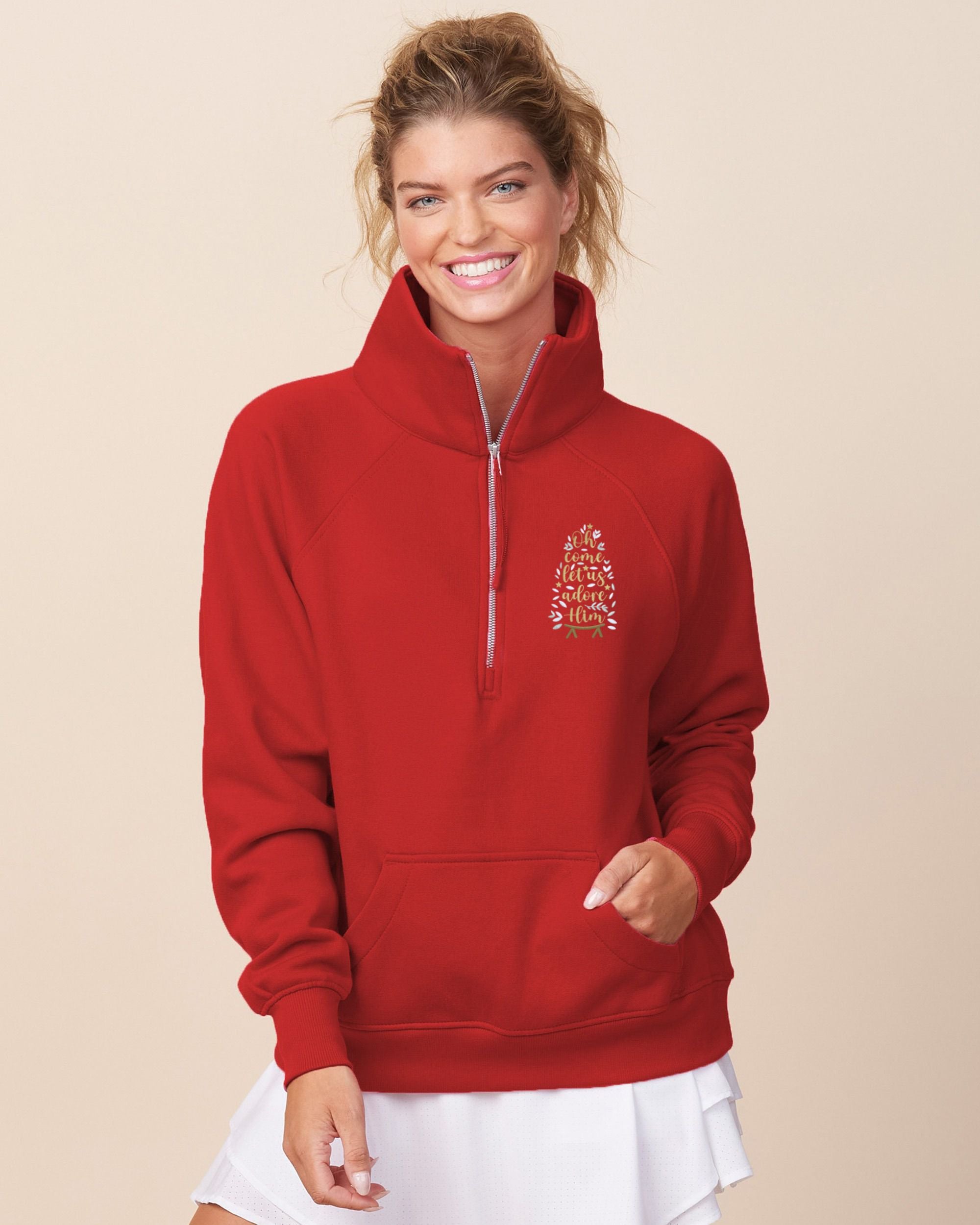 Oh Come Let Us Adore Him Embroidered Ladies Boxy Half Zip Fleece