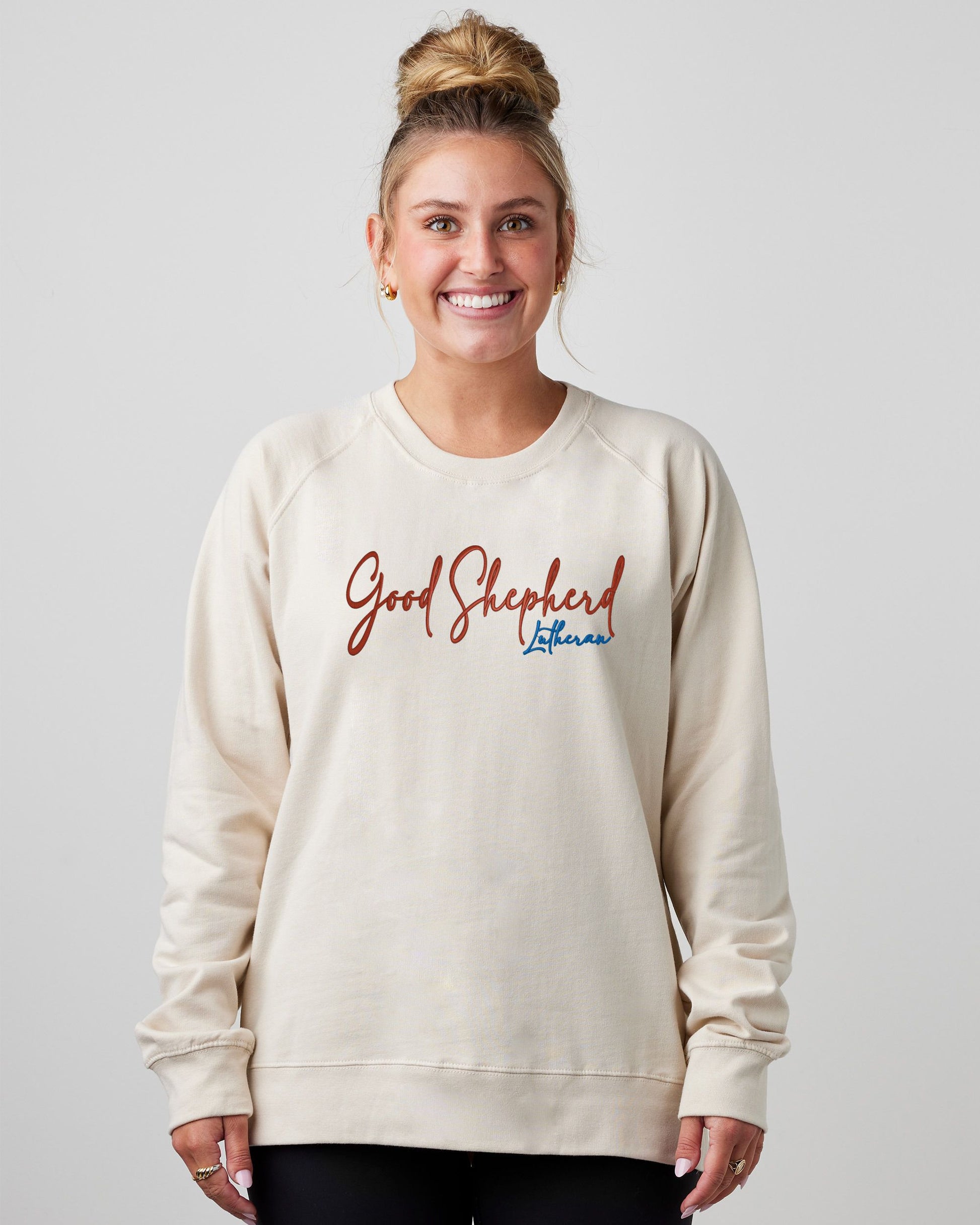 Good Shepherd Lutheran Script Ladies Midweight Pullover Crew