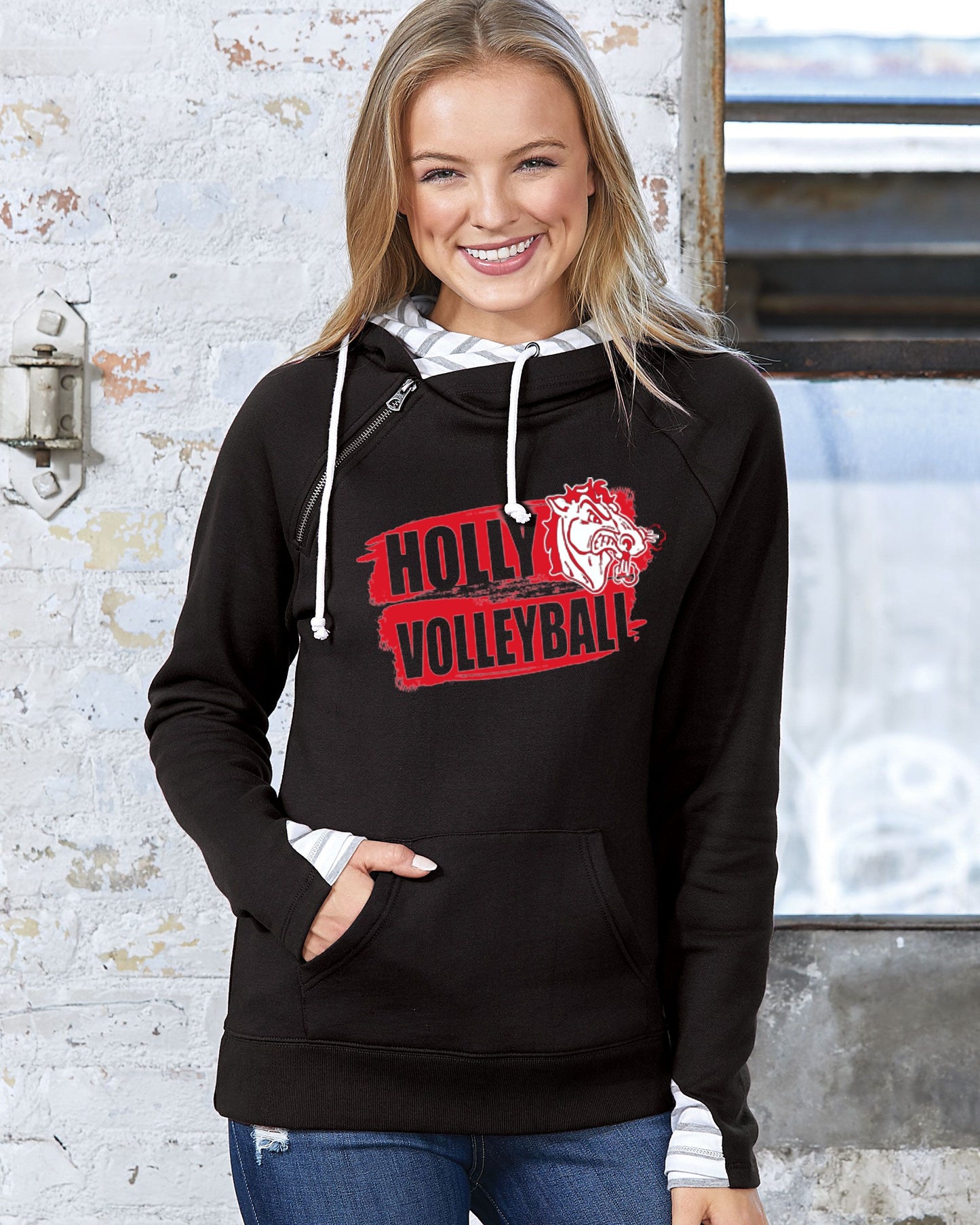 Holly Volleyball Ladies Stripe Double Hood Pullover