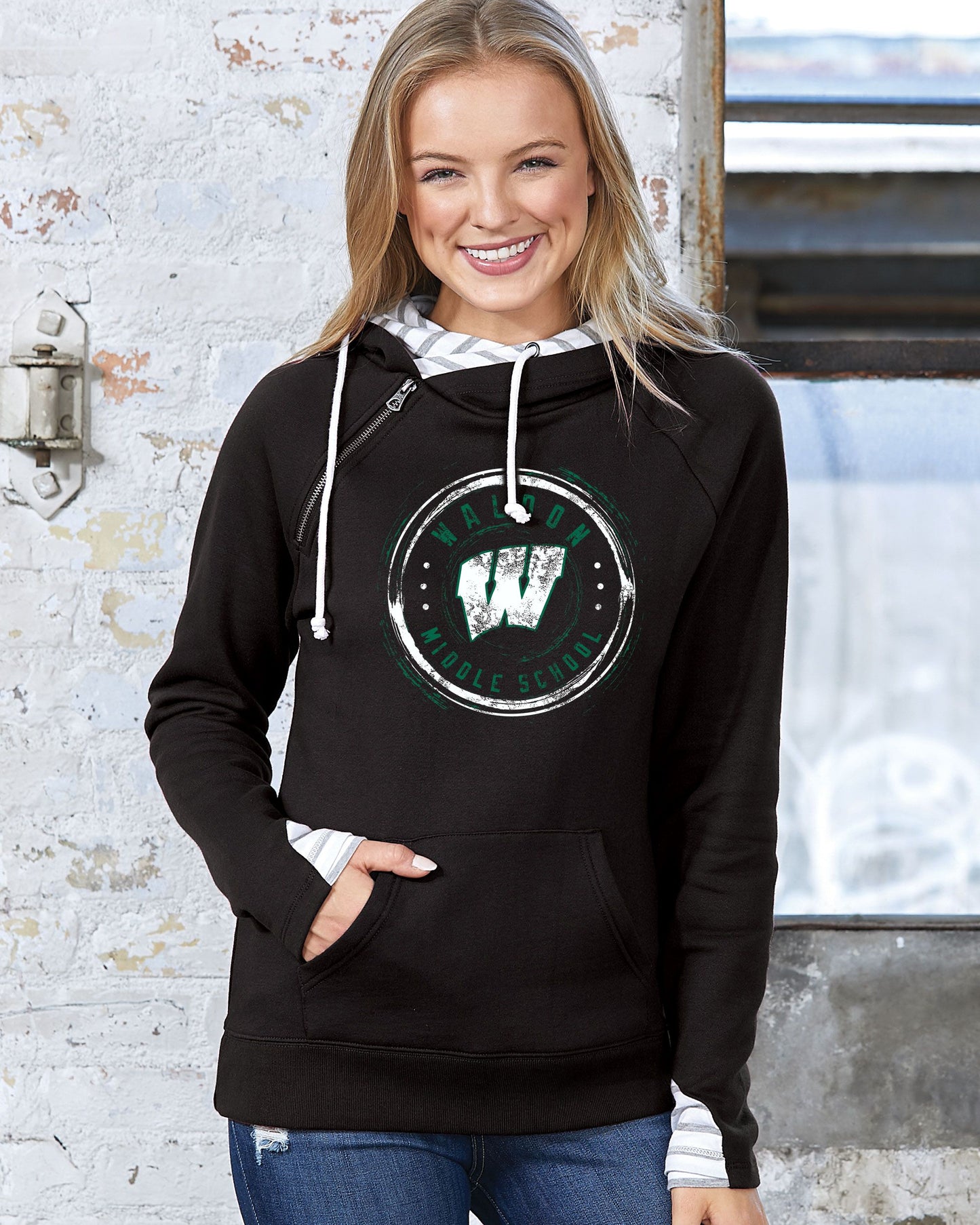 Waldon Middle School Ladies Stripe Double Hood Pullover