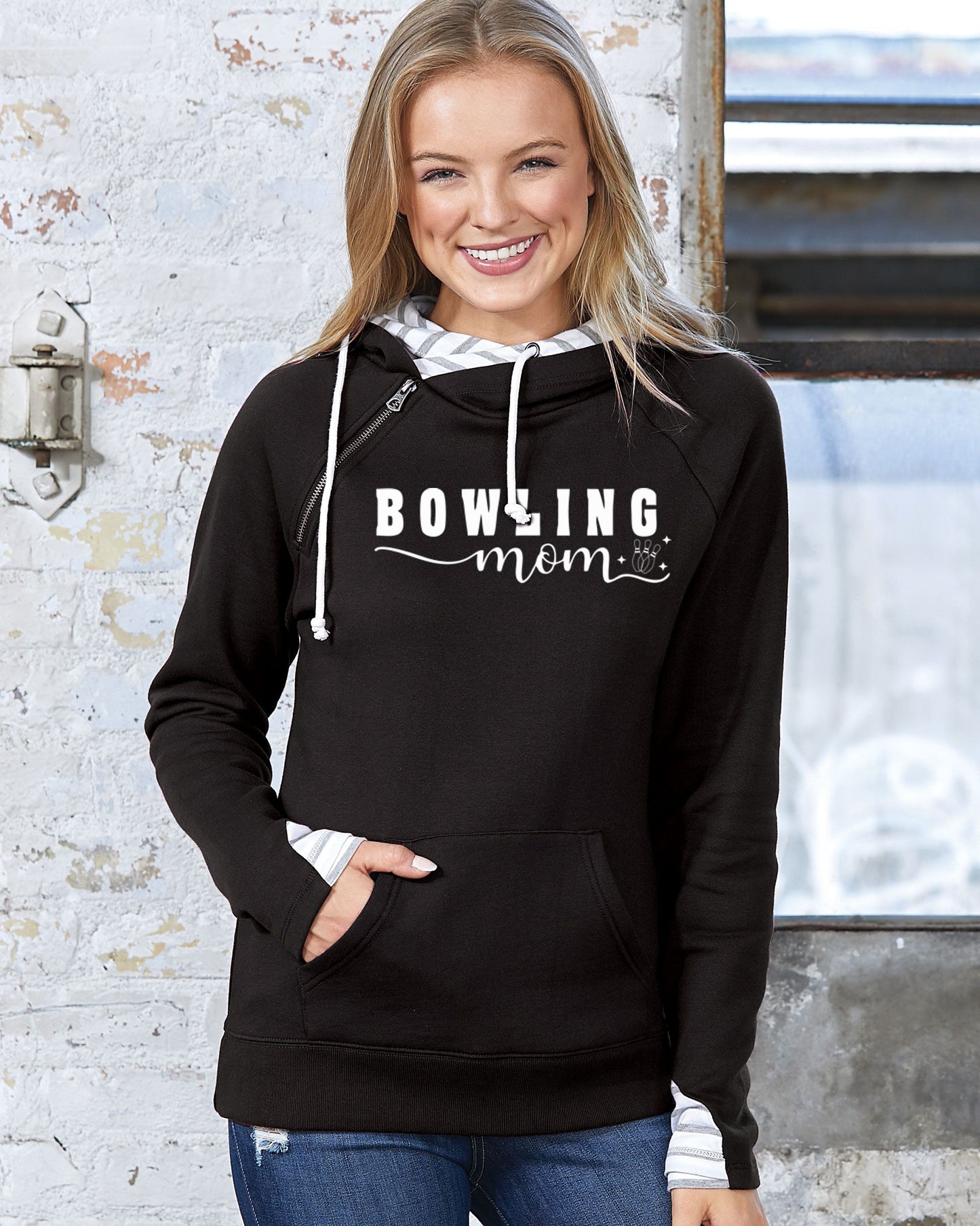 Bowling Mom Ladies Stripe Double Hood Pullover