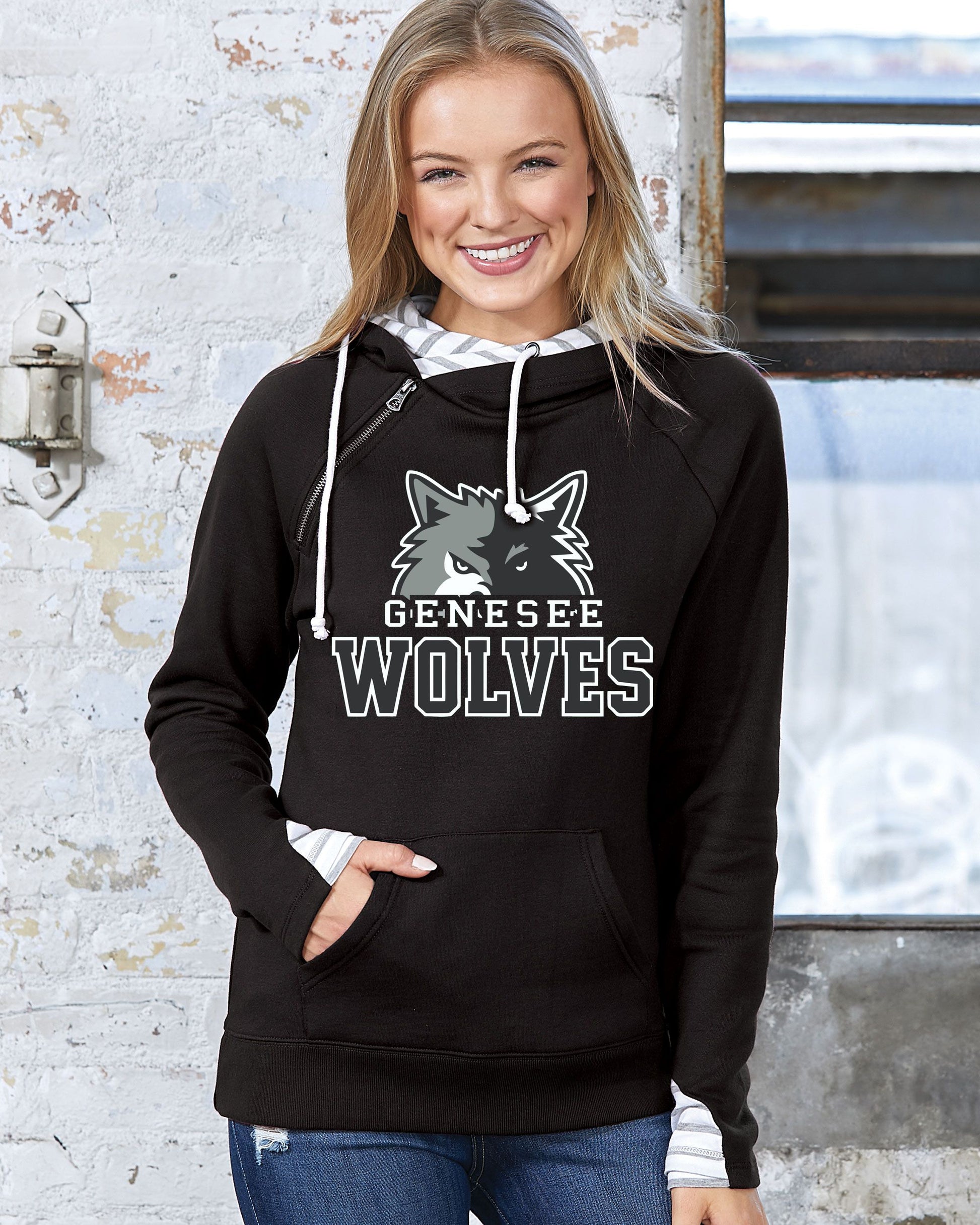 Genesee Wolves Ladies Stripe Double Hood Pullover -GWPTO