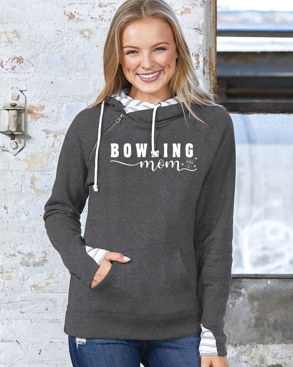 Bowling Mom Ladies Stripe Double Hood Pullover