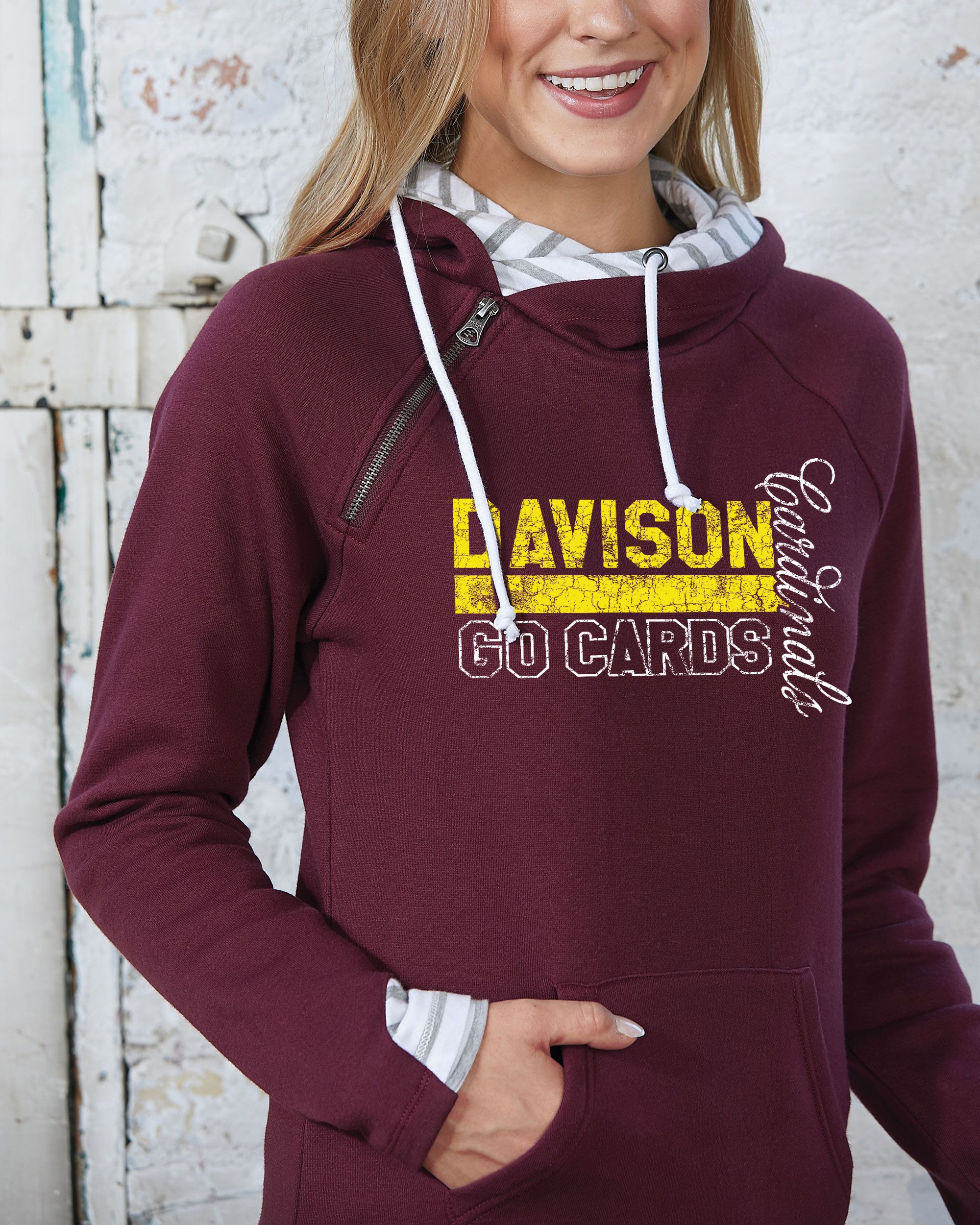 Davison Cardinals Ladies Stripe Double Hood Pullover