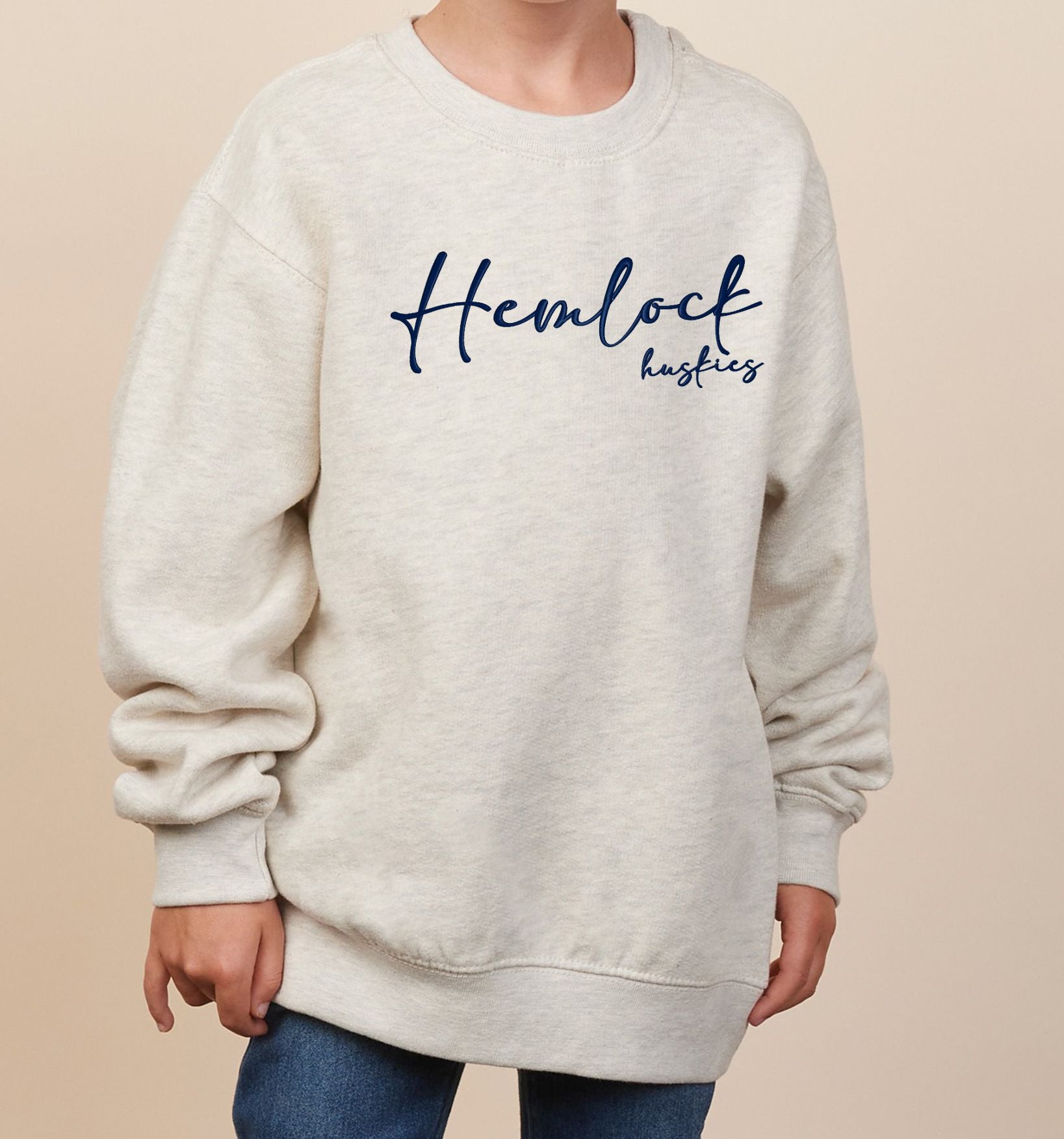 Hemlock Huskies Script Youth Fleece Crew