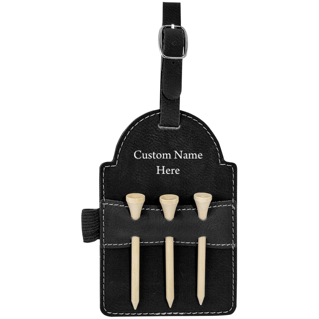 Lakeville Golf Custom Black/Silver Laserable Leatherette Golf Bag Tag with 3 Wooden Tees
