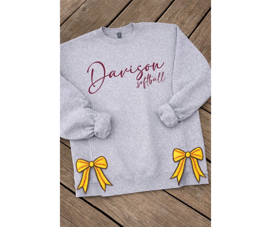 Davison Softball Script with Side Bows Crew Sweatshirt