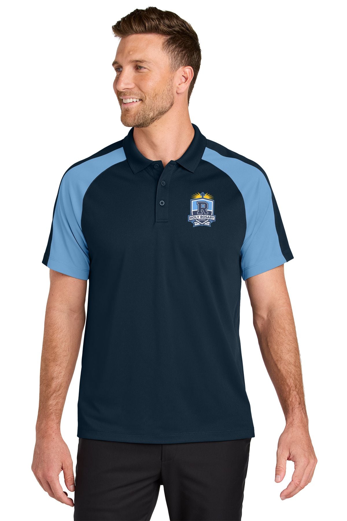 Holy Rosary Wearever Embroidered Performance Pique Colorblock Polo