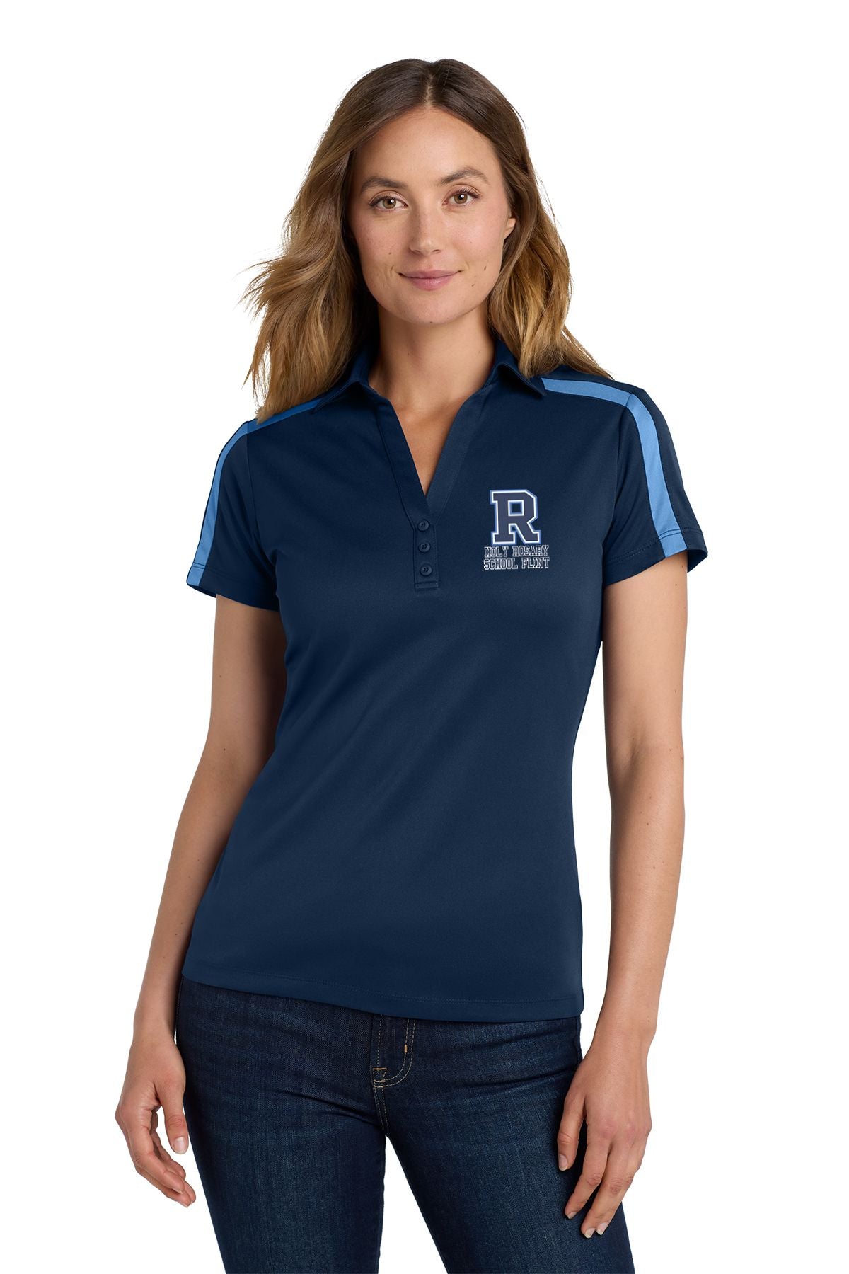 Holy Rosary Silk Touch™ Embroidered Performance Colorblock Stripe Polo