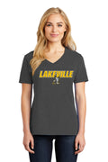 Lakeville Italic Over Logo Ladies V-Neck T-shirt