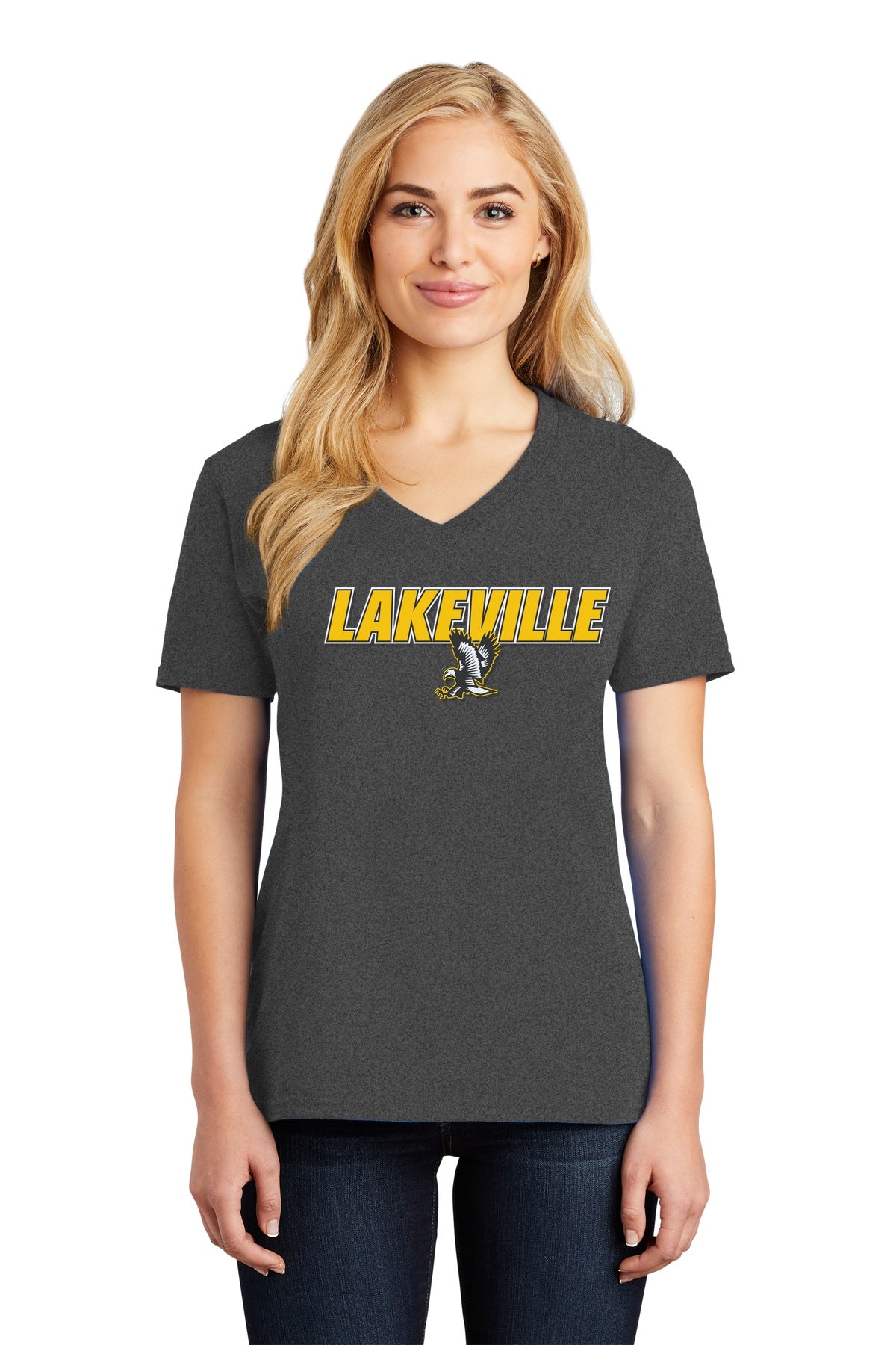 Lakeville Italic Over Logo Ladies V-Neck T-shirt