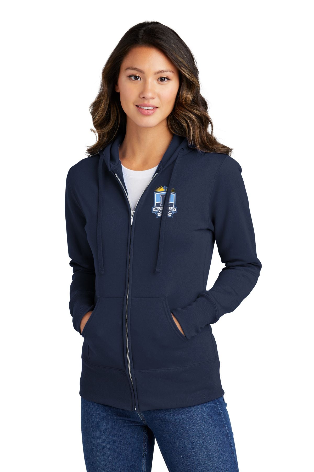 Holy Rosary Ladies Embroidered Full Zip Cotton Hooded Pullover