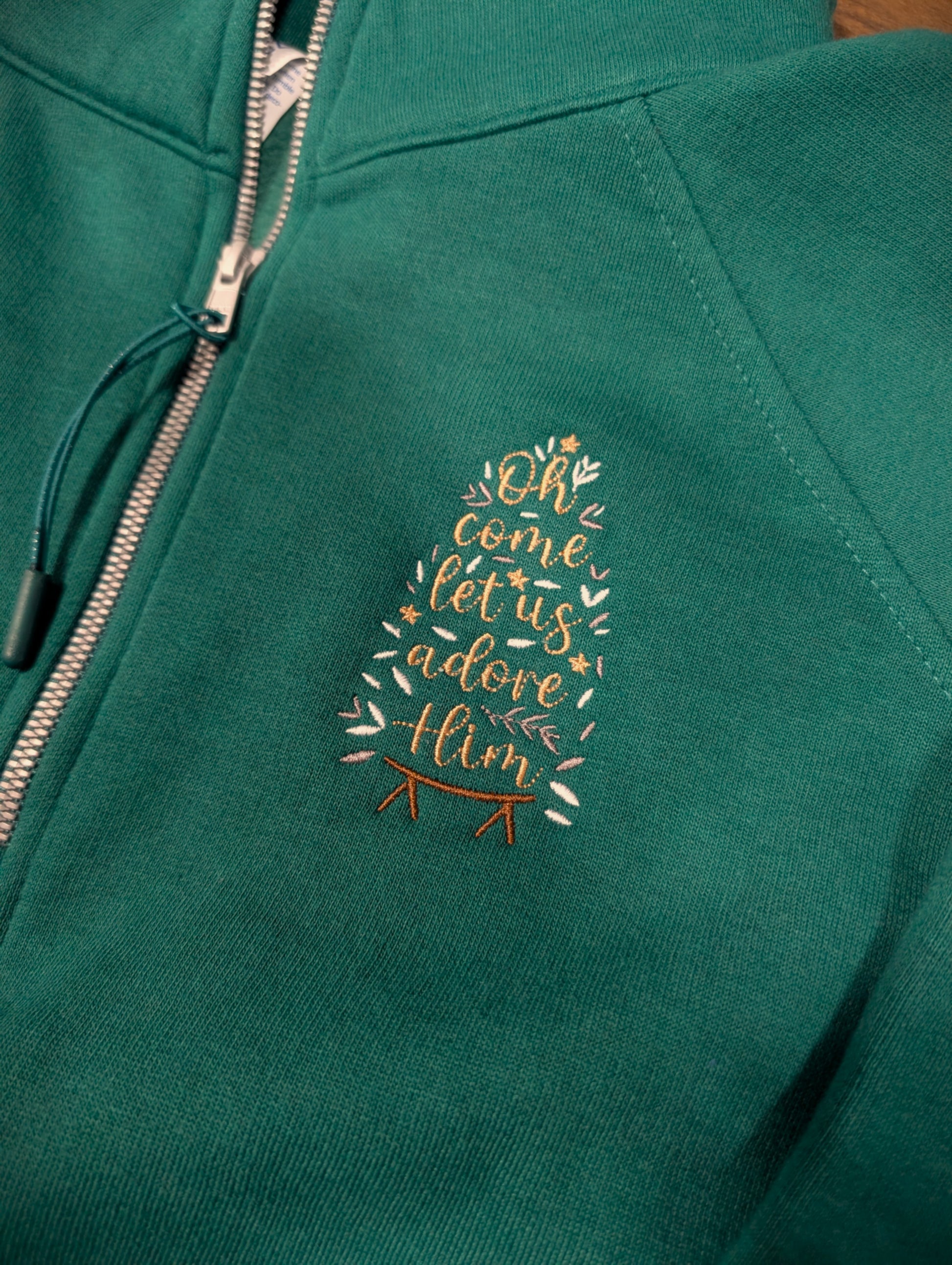 Oh Come Let Us Adore Him Embroidered Ladies Boxy Half Zip Fleece