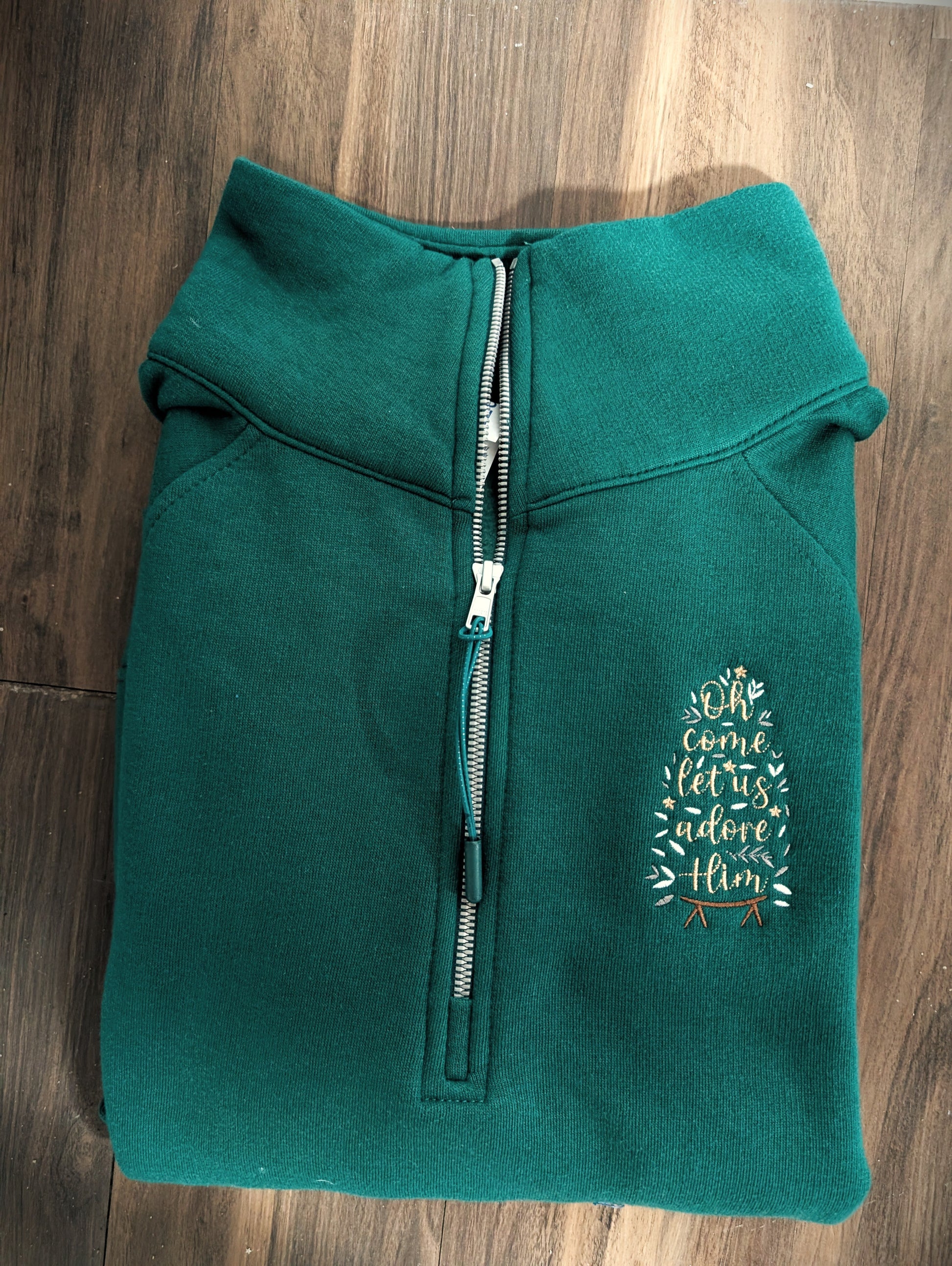 Oh Come Let Us Adore Him Embroidered Ladies Boxy Half Zip Fleece