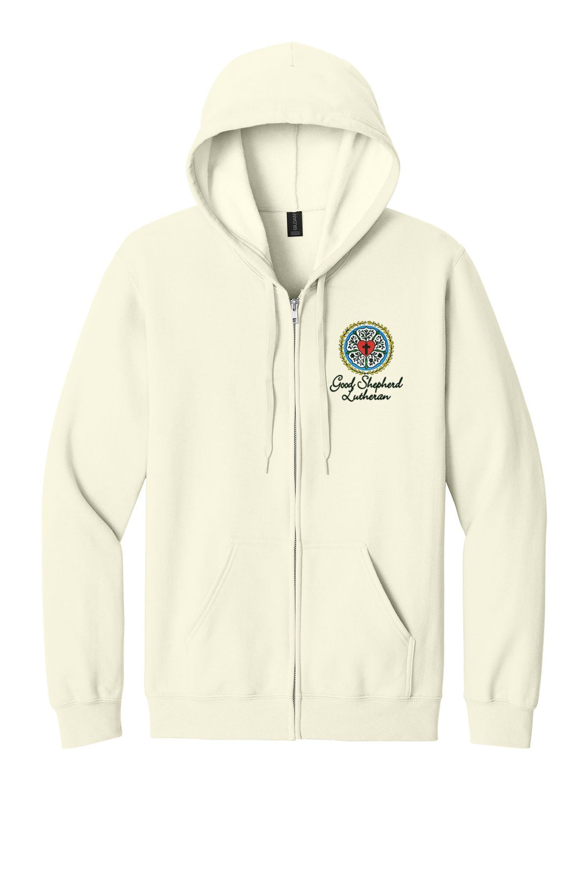 Good Shepherd Lutheran Rose Floral Embroidered Softstyle® Midweight Fleece Full-Zip Hooded Sweatshirt